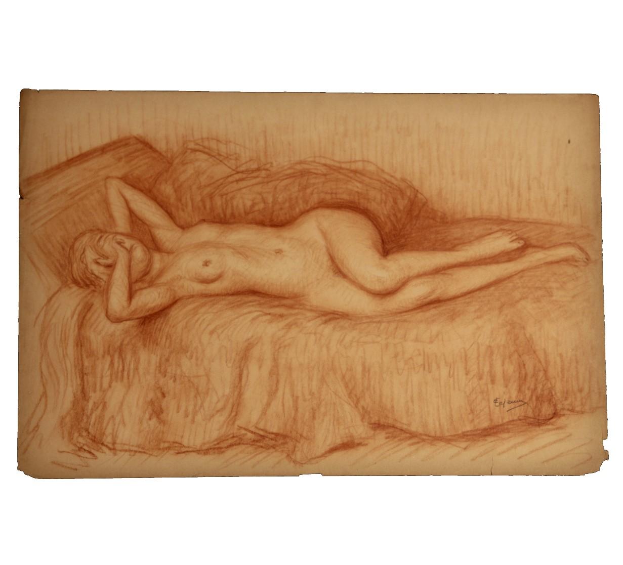 Reclining Nude Woman Covering Her Face - Art by Emile Lejeune