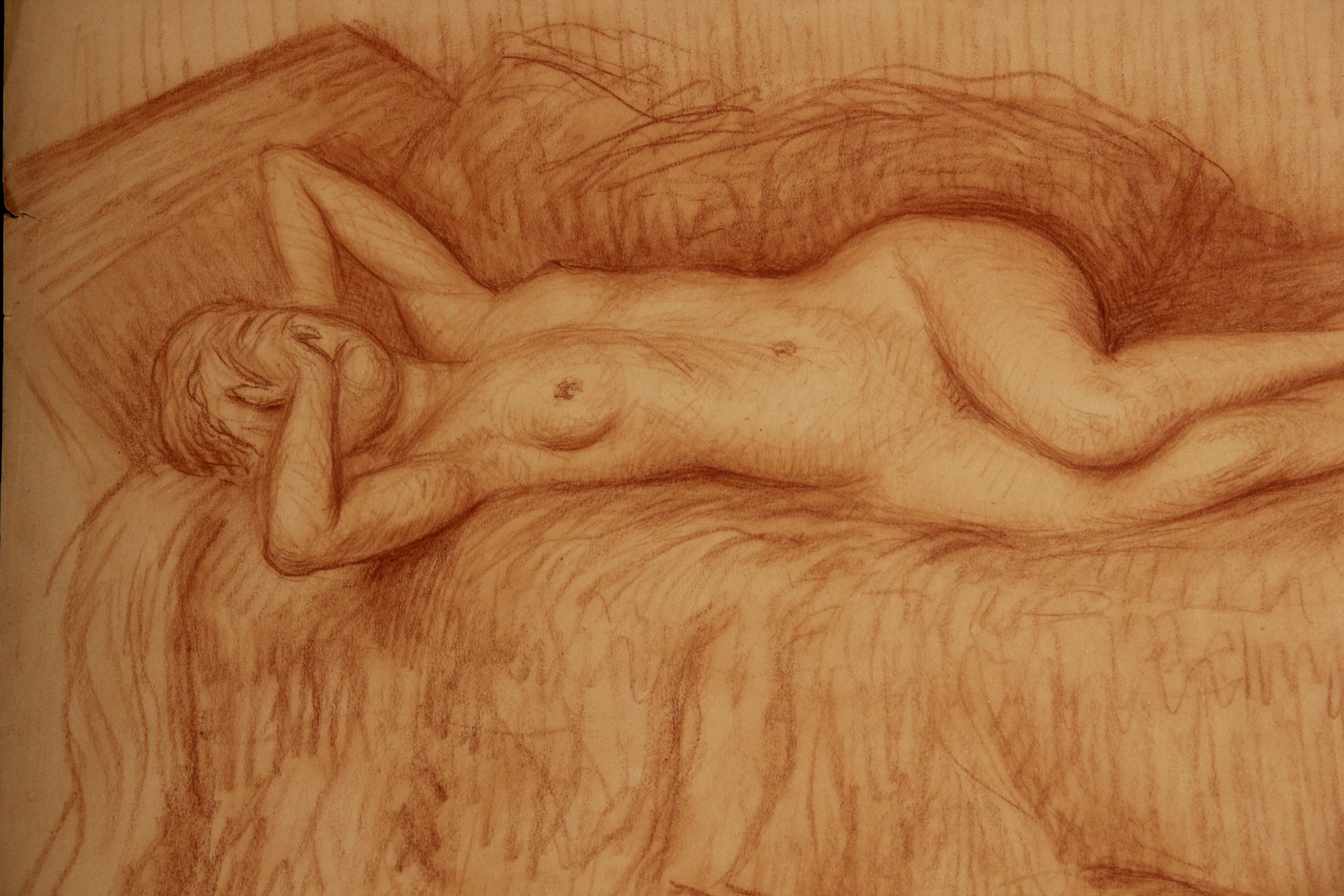 Reclining Nude Woman Covering Her Face - Art by Emile Lejeune
