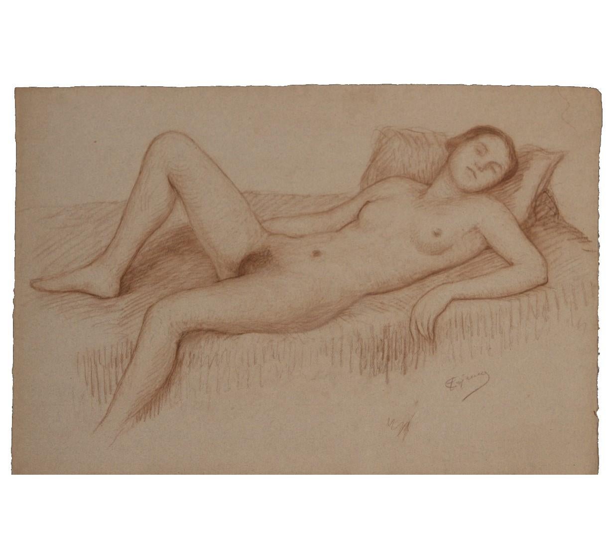 Emile Lejeune Figurative Art - Reclining Naturalistic Nude Woman Study