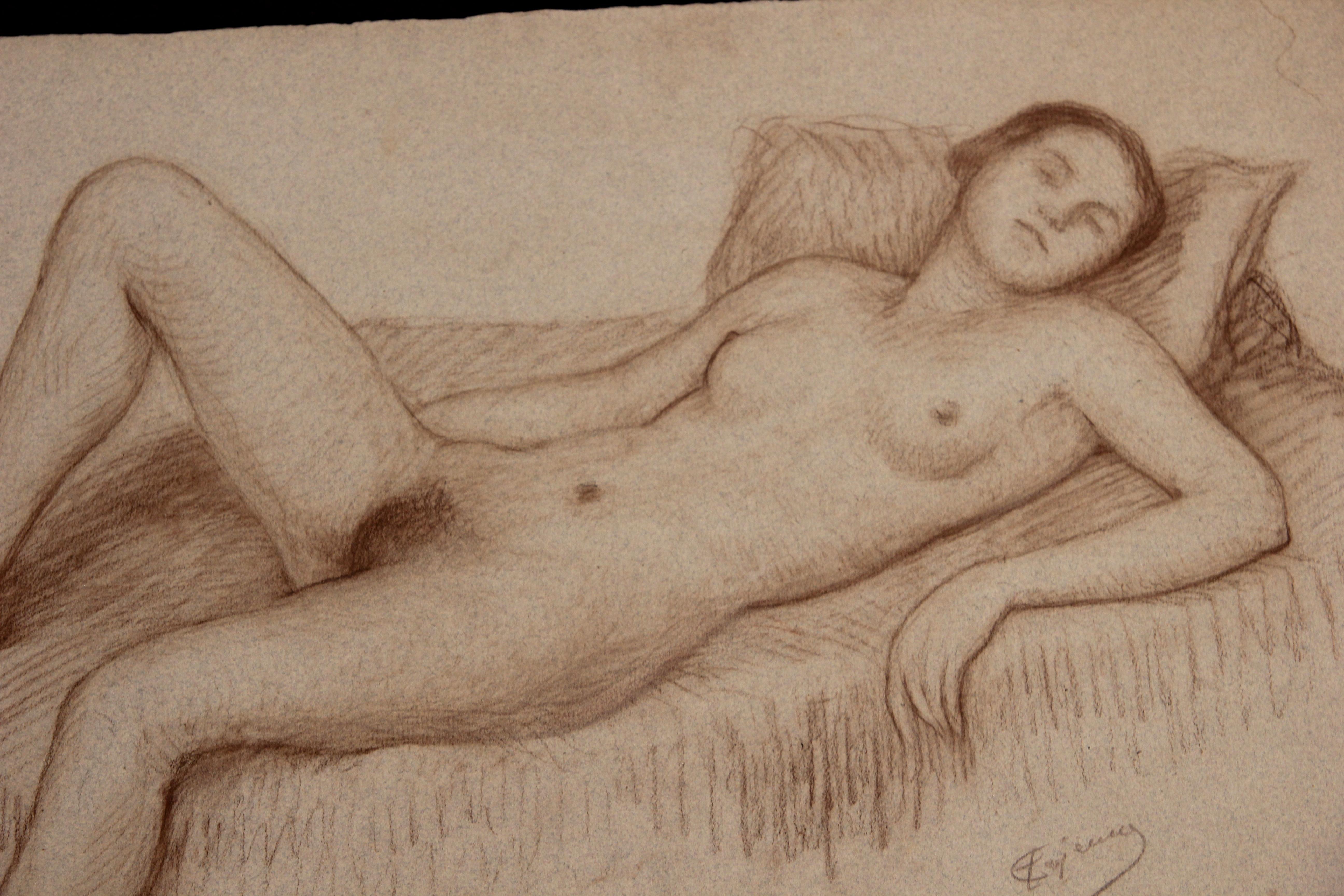 Reclining Naturalistic Nude Woman Study - Art by Emile Lejeune