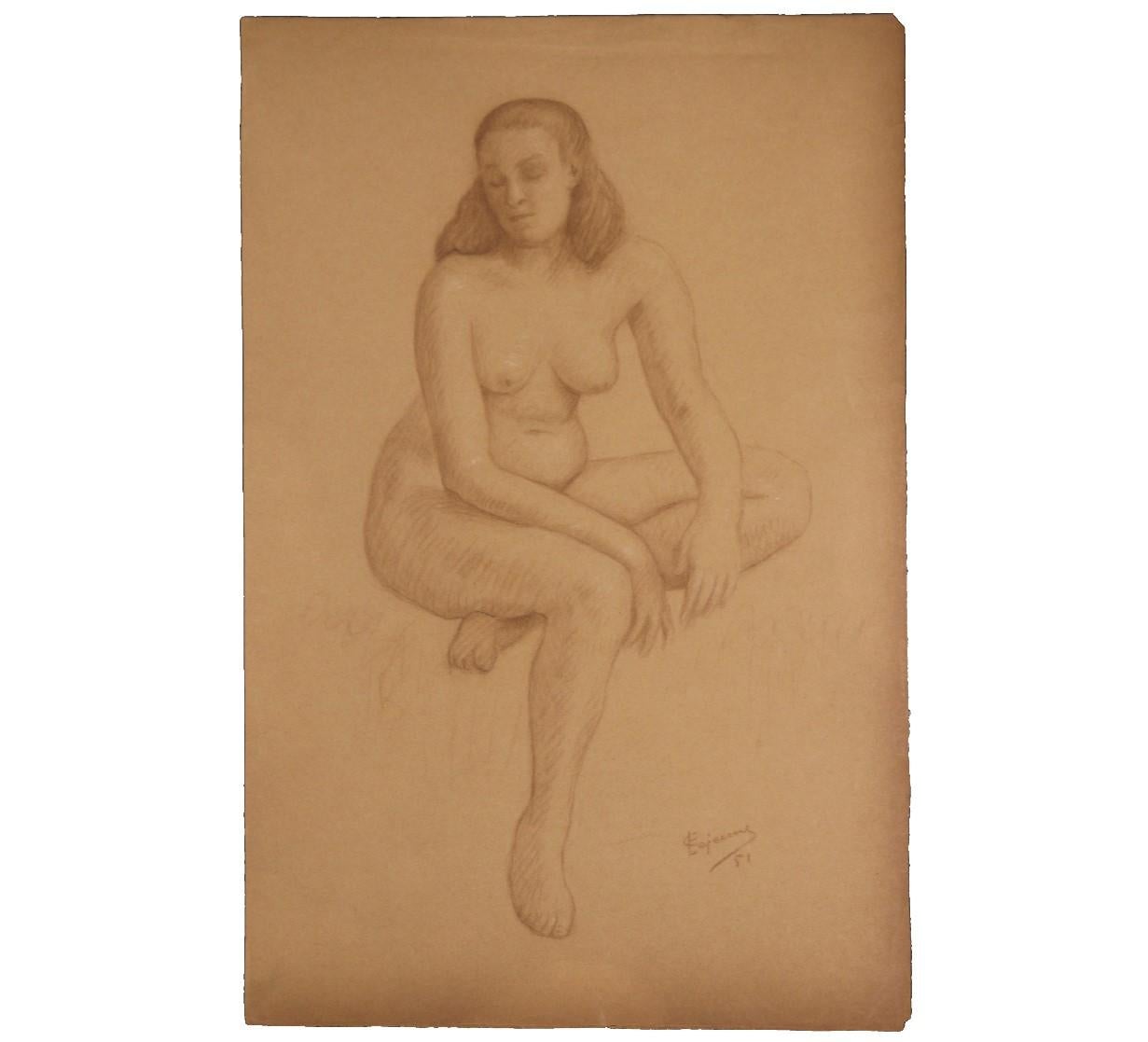 Emile Lejeune Figurative Art - Seated Nude Woman Naturalistic Study