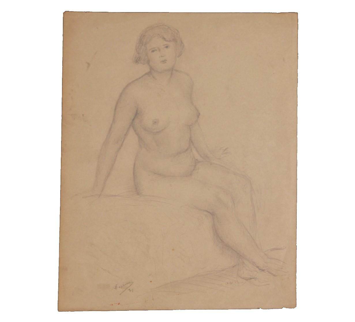 Naturalistic Seated Nude Woman Study - Art by Emile Lejeune