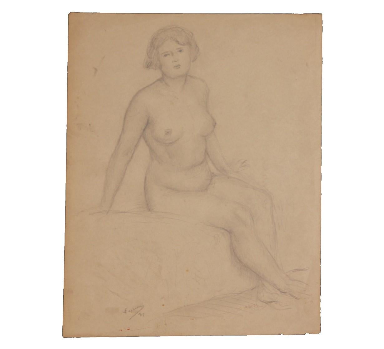 Étude naturaliste de femme nue assise étudiante