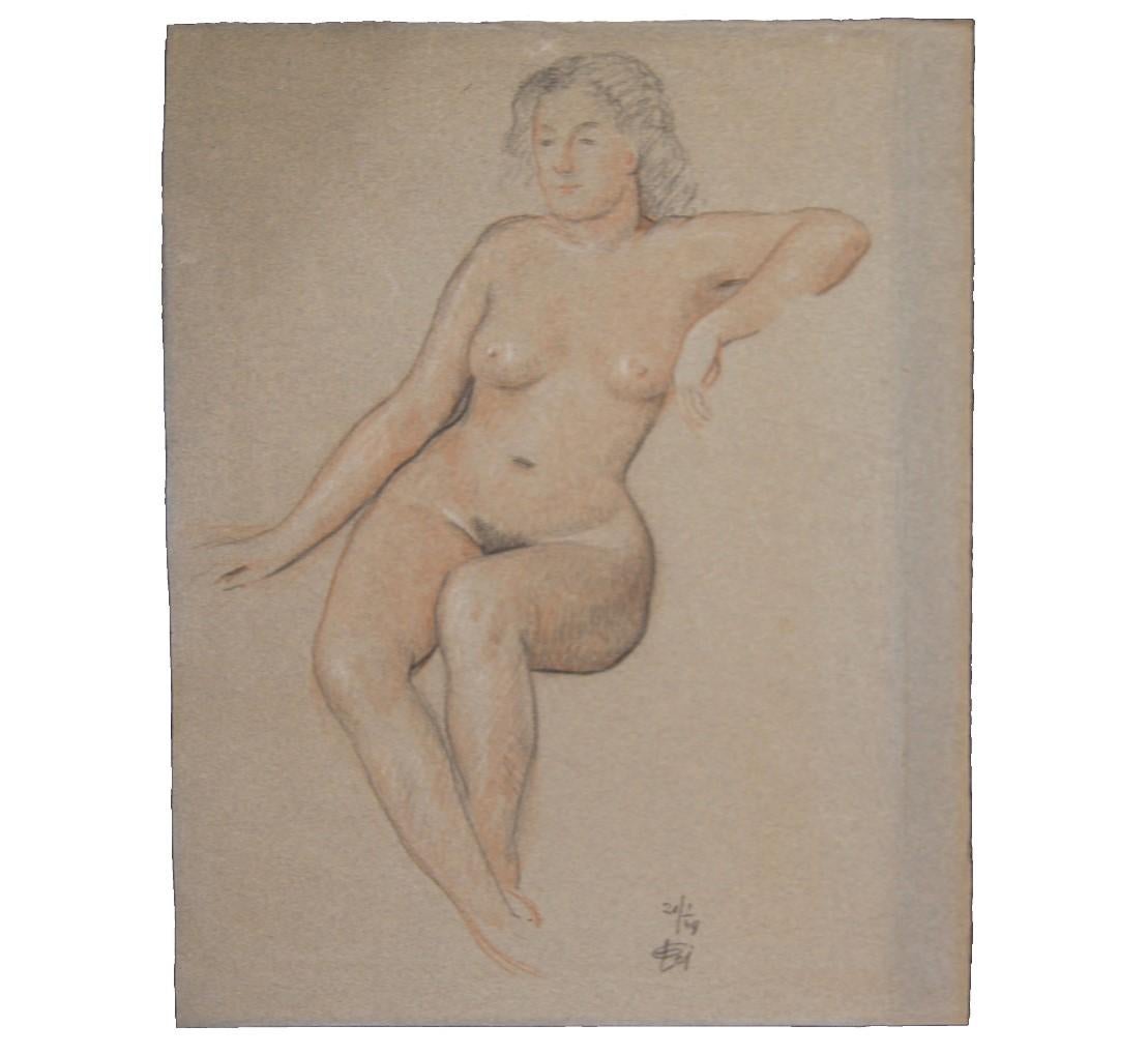 Emile Lejeune Figurative Art - Naturalistic Seated Nude Study 