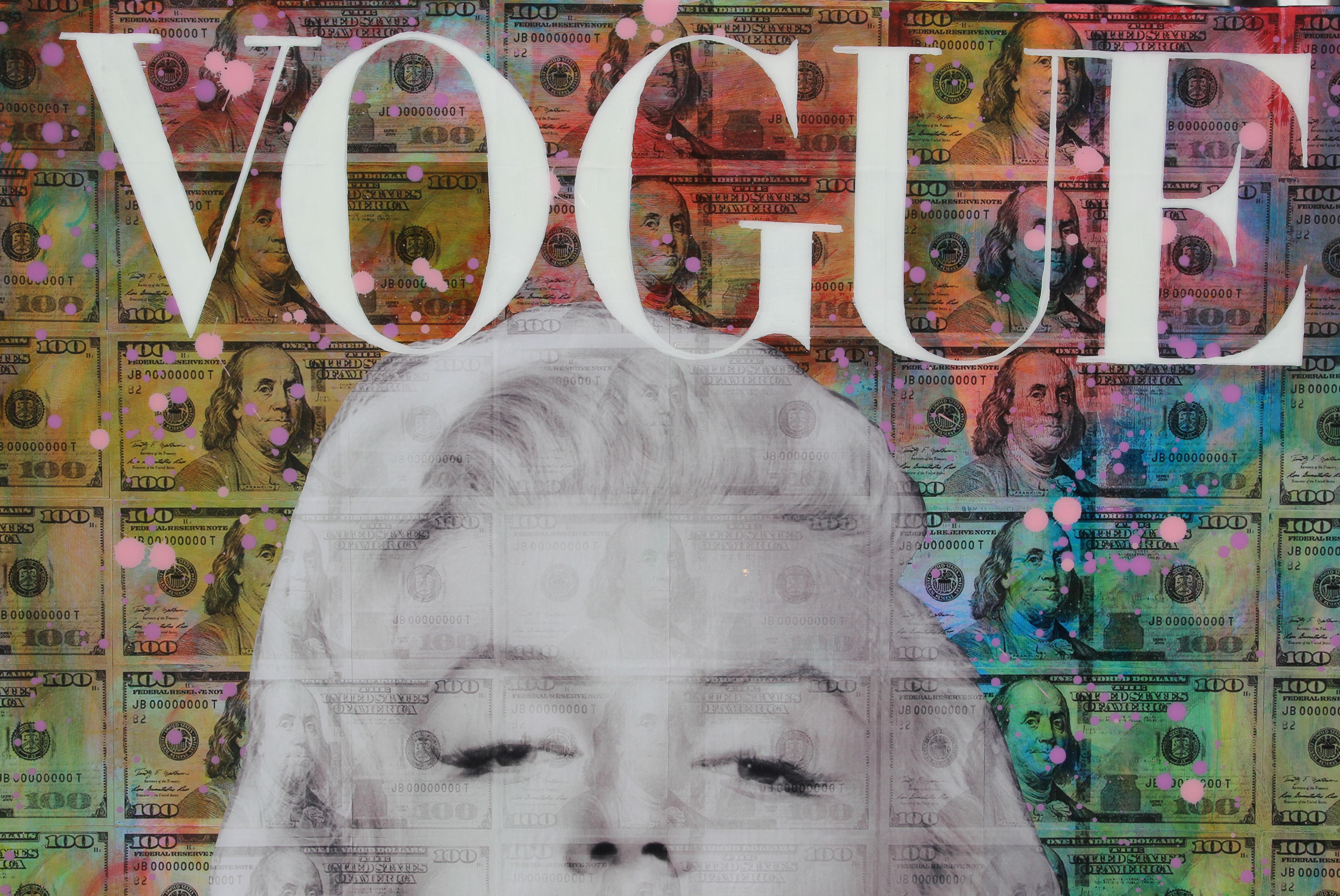1950's pop icon Marilyn Monroe with Vogue and 100 dollar bills in the background all encased in resin. The work is signed by the artist in the bottom corner of the canvas. Jim Hudek is an emerging artist in the Texas region and Houston Texas. A
