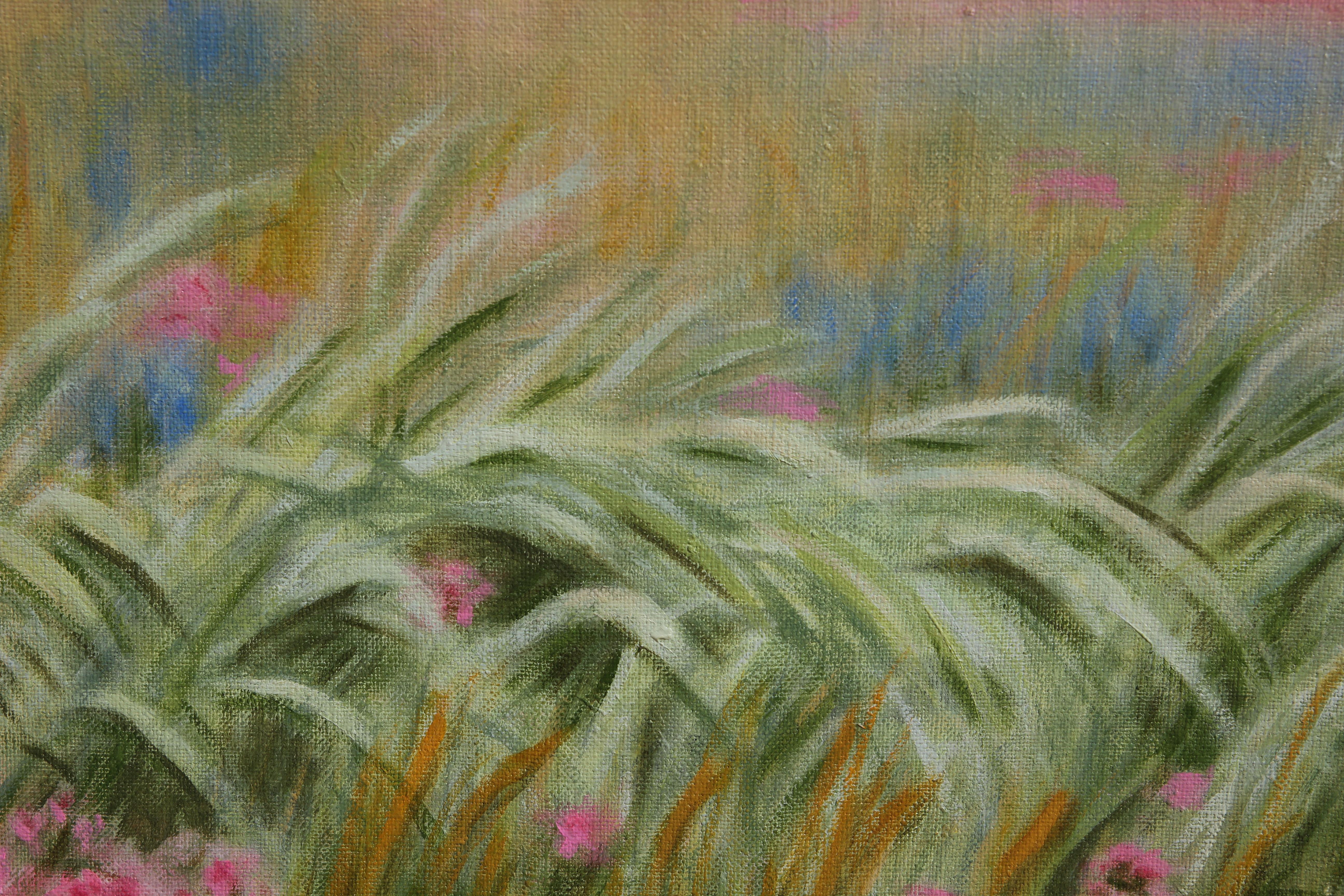 Naturalistic Landscape painting of a field with flowers and tall grass. In the distant background is a line of trees with a house hidden in the background. The work is signed and dated by the artist and titled on the back of the canvas. The canvas