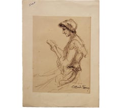 Antique Charcoal Study of a Woman Reading