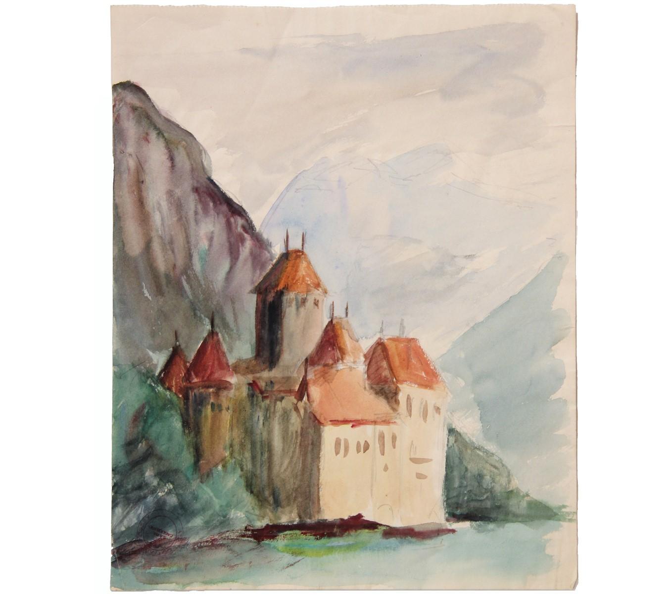 Watercolor landscape painting with a Castle looking over a lake. The work has an artist stamp in the bottom corner. The paper is not framed. Louise-Jeanne Cottard Fossey was a French artist born in 1902 and died in 1983. She was known for painting