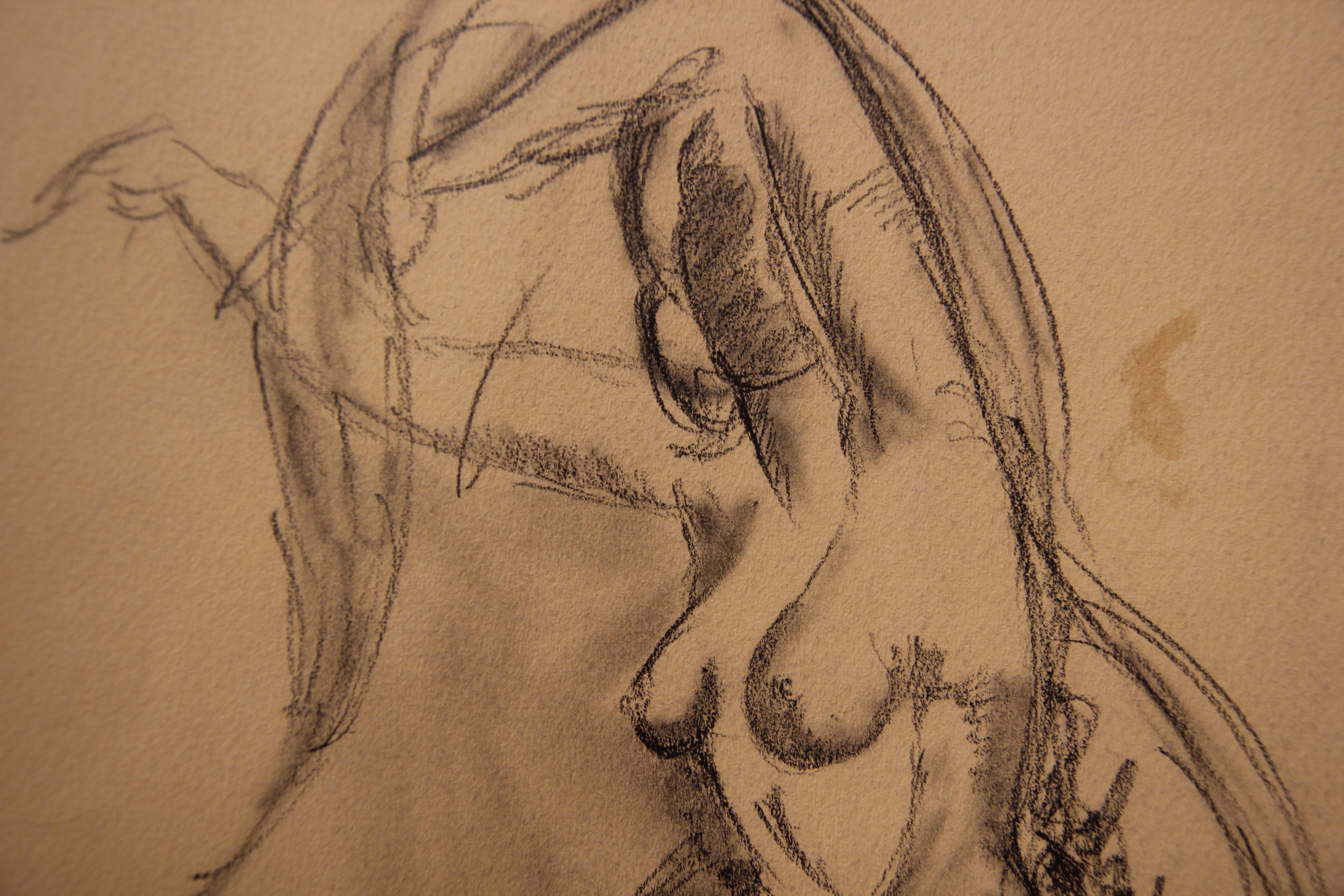 Figurative seated nude study of a woman draping fabric around herself. The work is signed by Thierry Andre thought to be a French who was influenced by Edgar Degas. The paper is not framed.