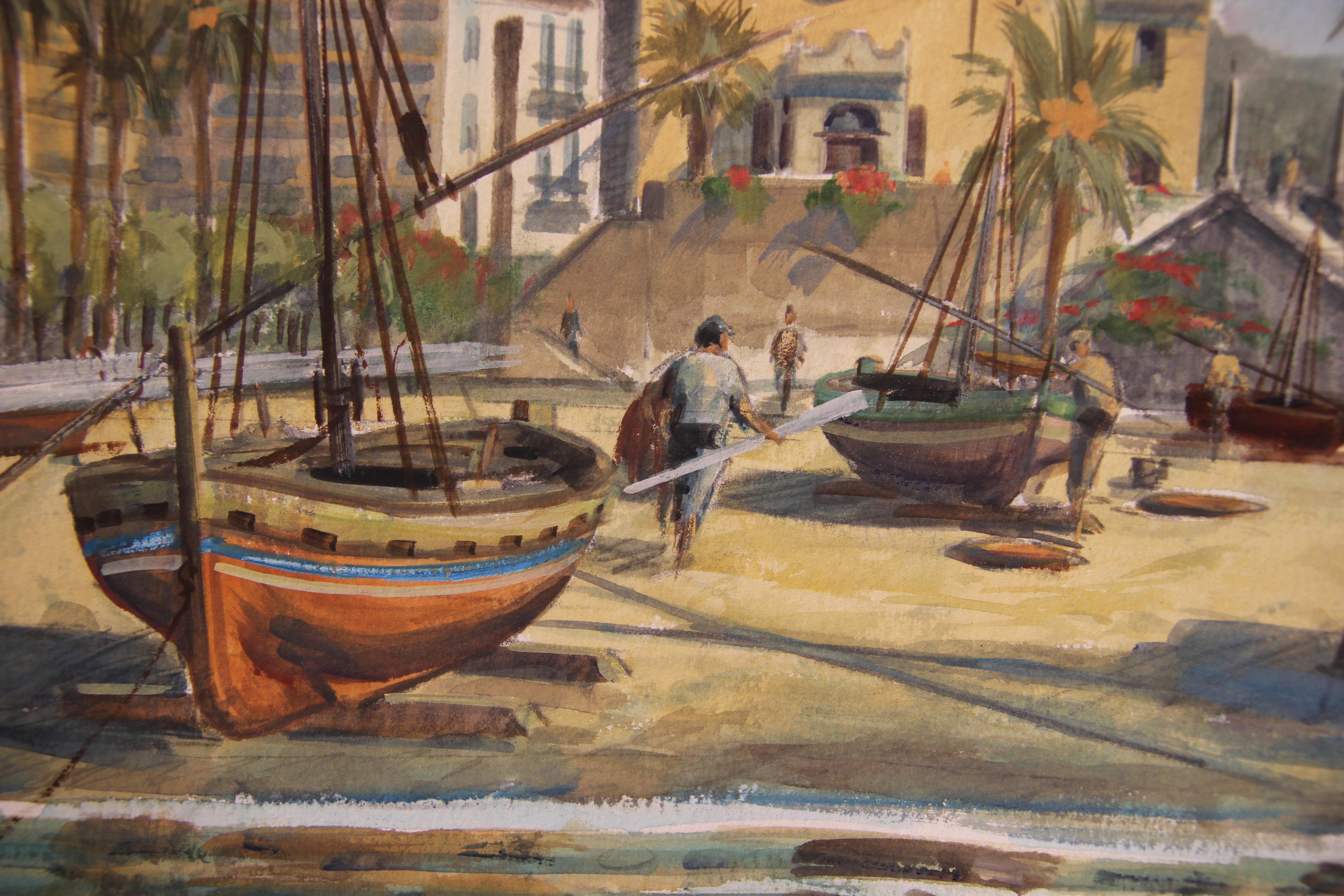 Naturalistic Watercolor European Harbor Scene - Art by Unknown