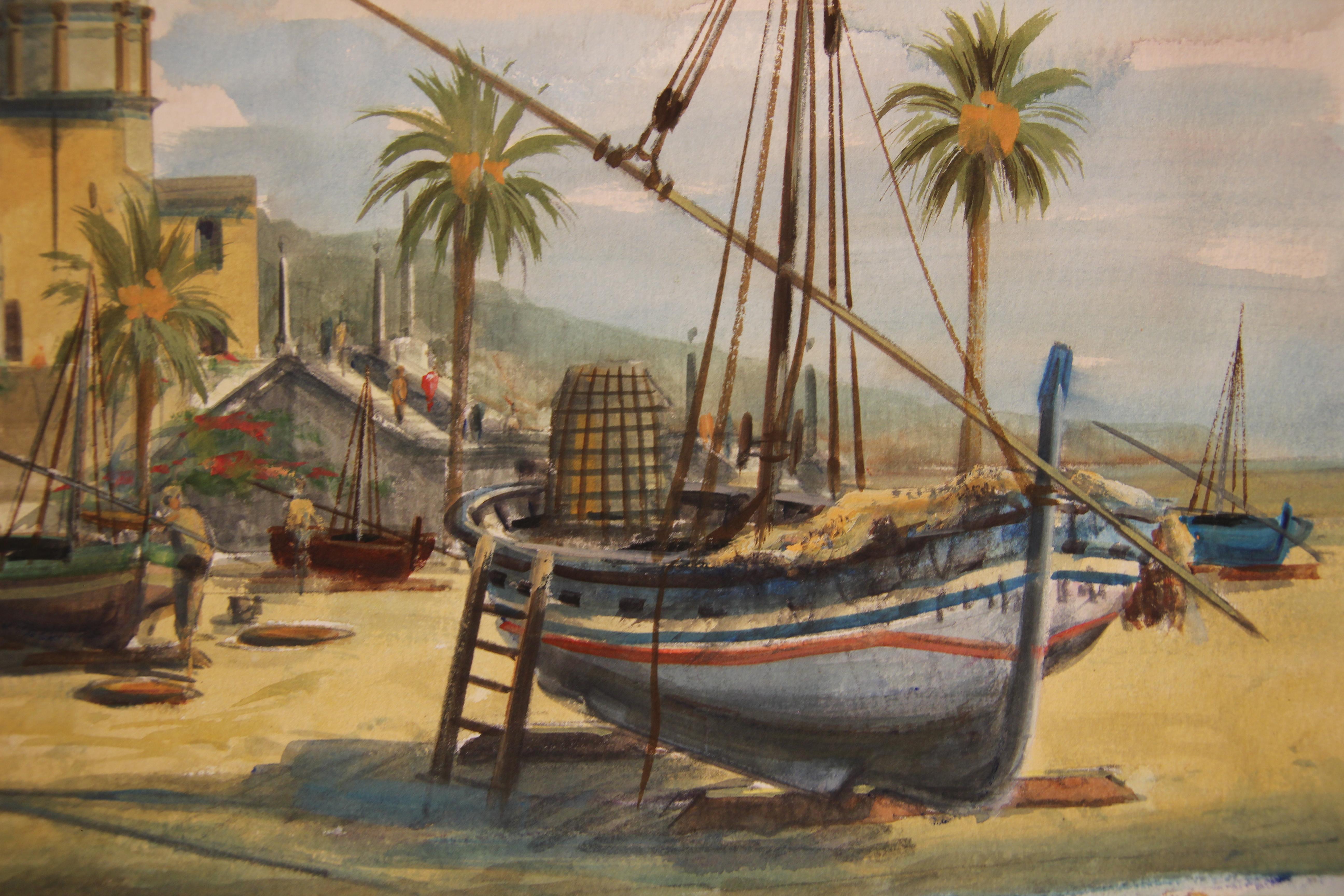 Naturalistic Watercolor European Harbor Scene - Brown Figurative Art by Unknown