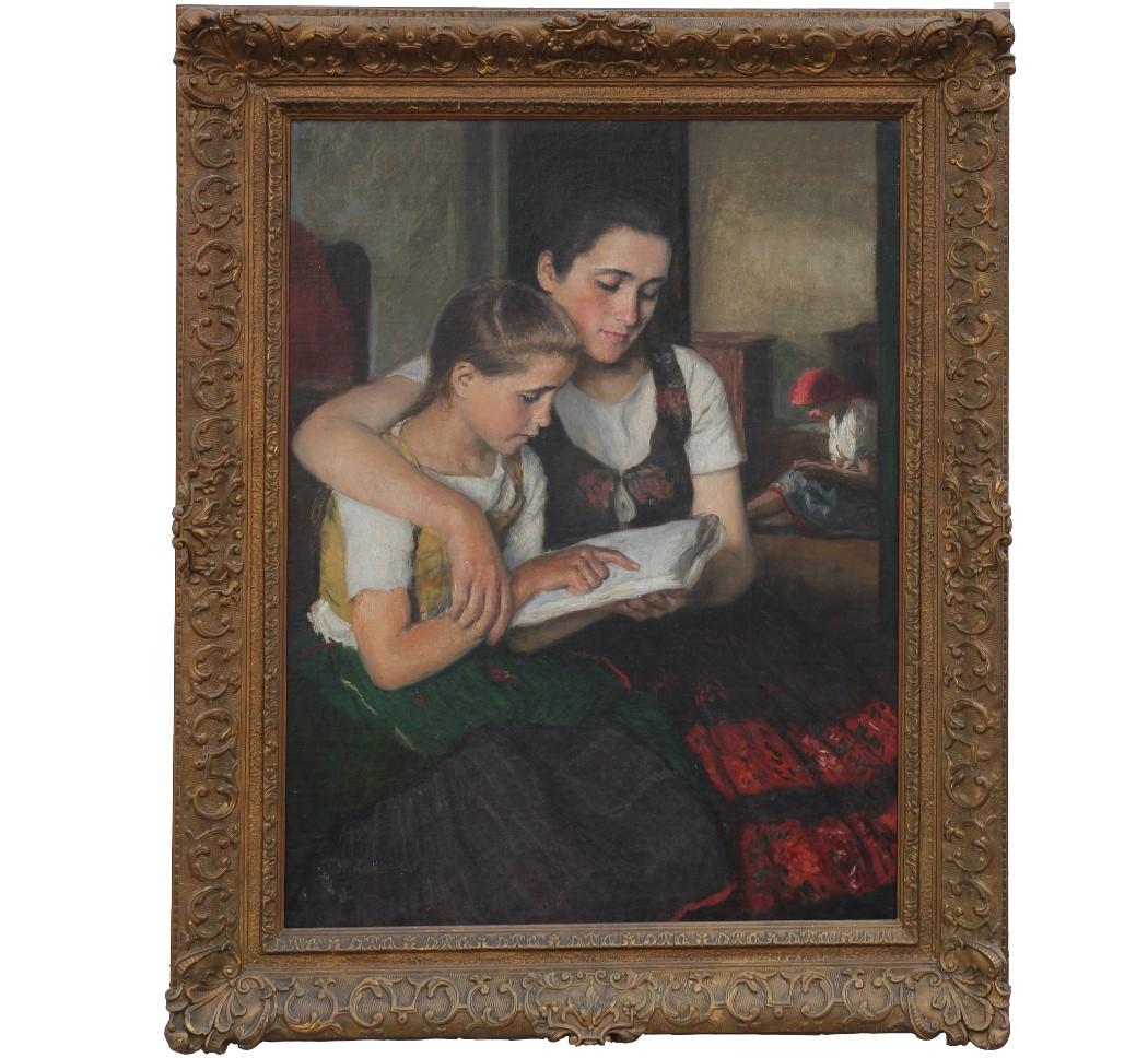 Oszkar Glatz Figurative Painting - Naturalistic Portrait of Two Young Girls Reading
