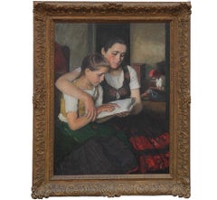Retrato naturalista de dos niñas leyendo