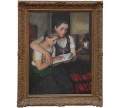 Vintage Naturalistic Portrait of Two Young Girls Reading