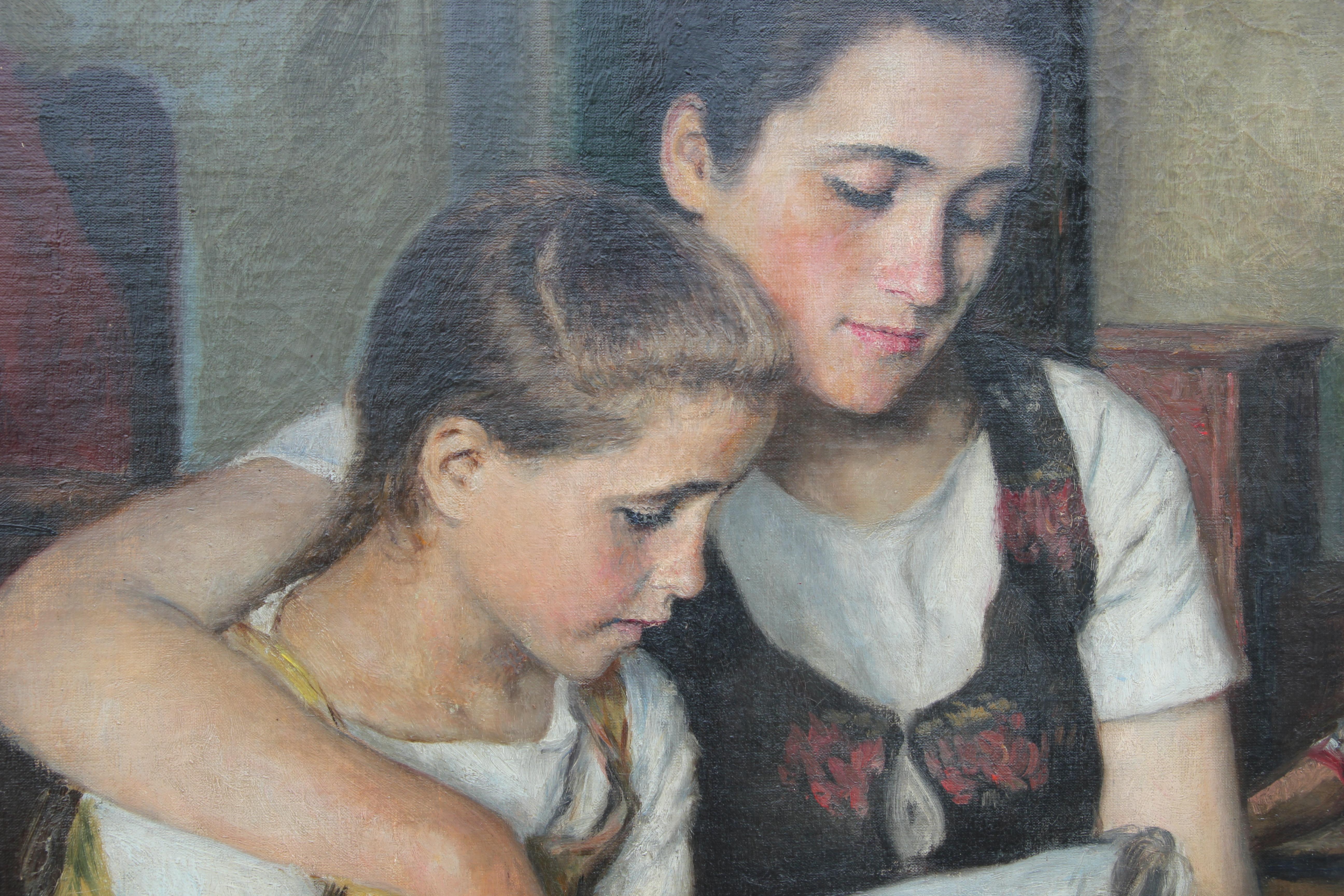 Portrait naturaliste de deux jeunes filles lisant - Naturalisme Painting par Oszkar Glatz