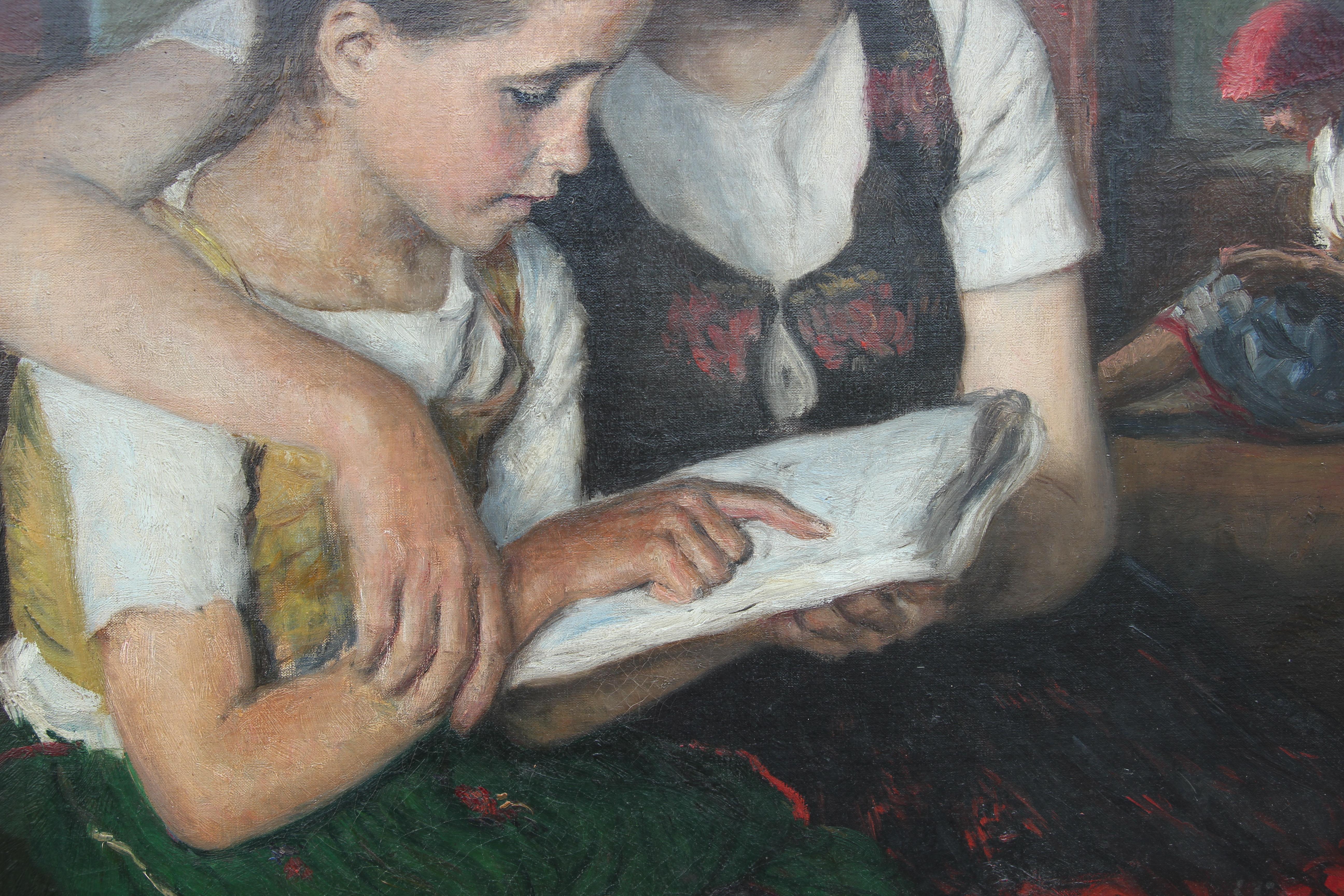 Portrait naturaliste de deux jeunes filles lisant - Noir Figurative Painting par Oszkar Glatz