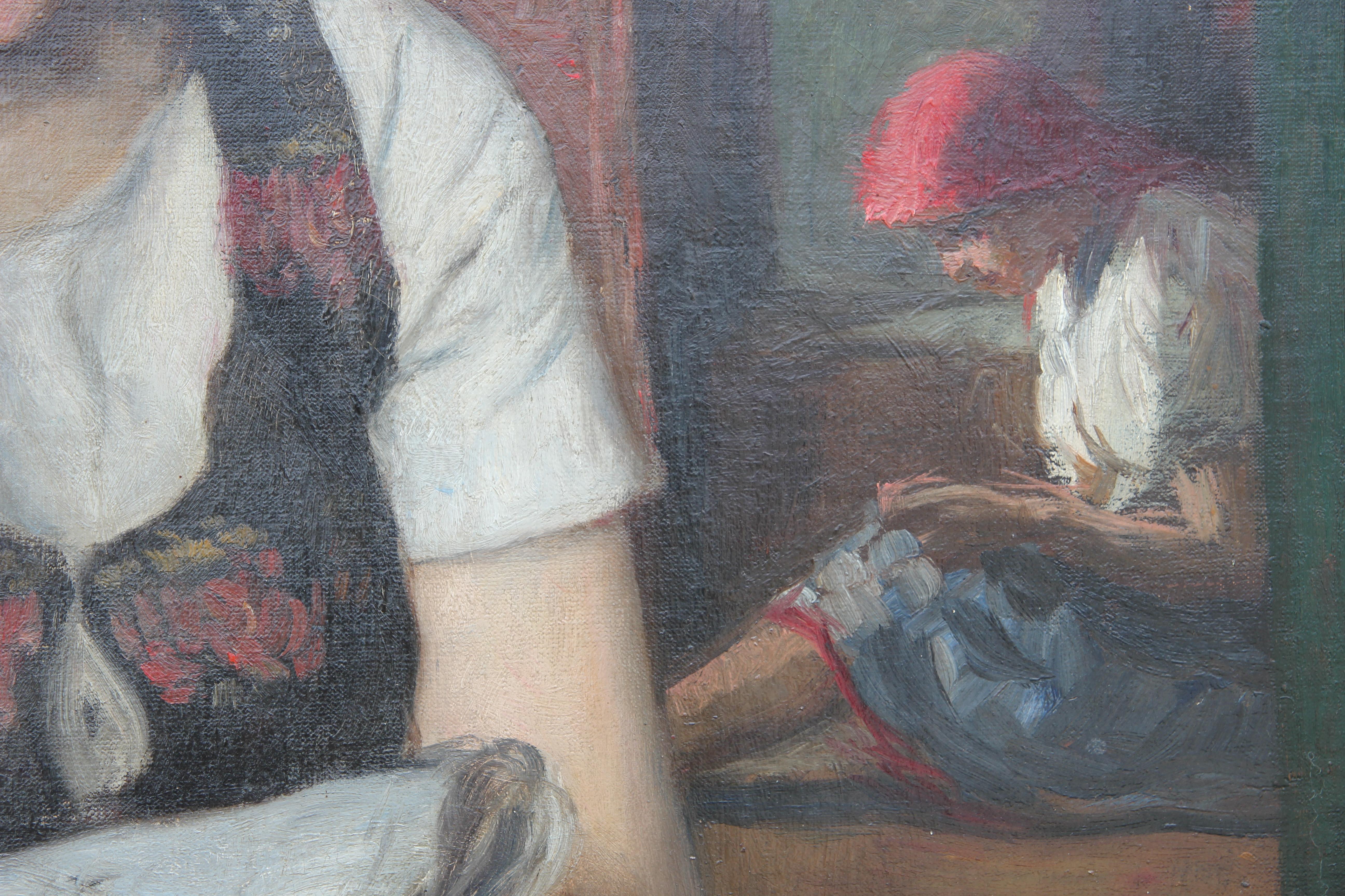 Tableau de scène domestique représentant deux jeunes filles lisant un livre. Une autre figure est assise dans l'embrasure d'une porte à l'arrière-plan, occupée par un objet qu'elle tient dans ses mains. La toile est encadrée dans un élégant cadre