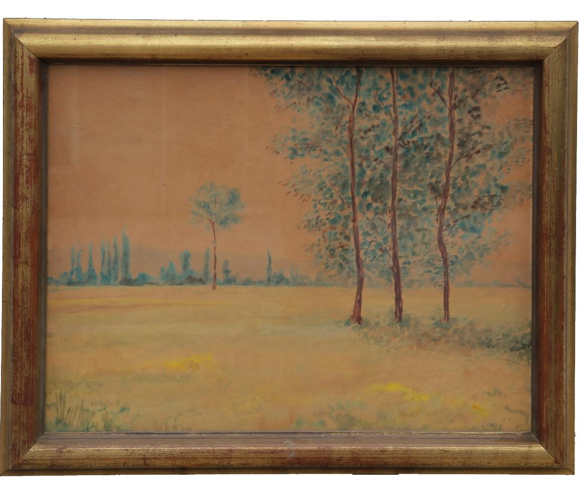 Unknown Landscape Painting - Early Modern Watercolor Impressionist Landscape with Trees