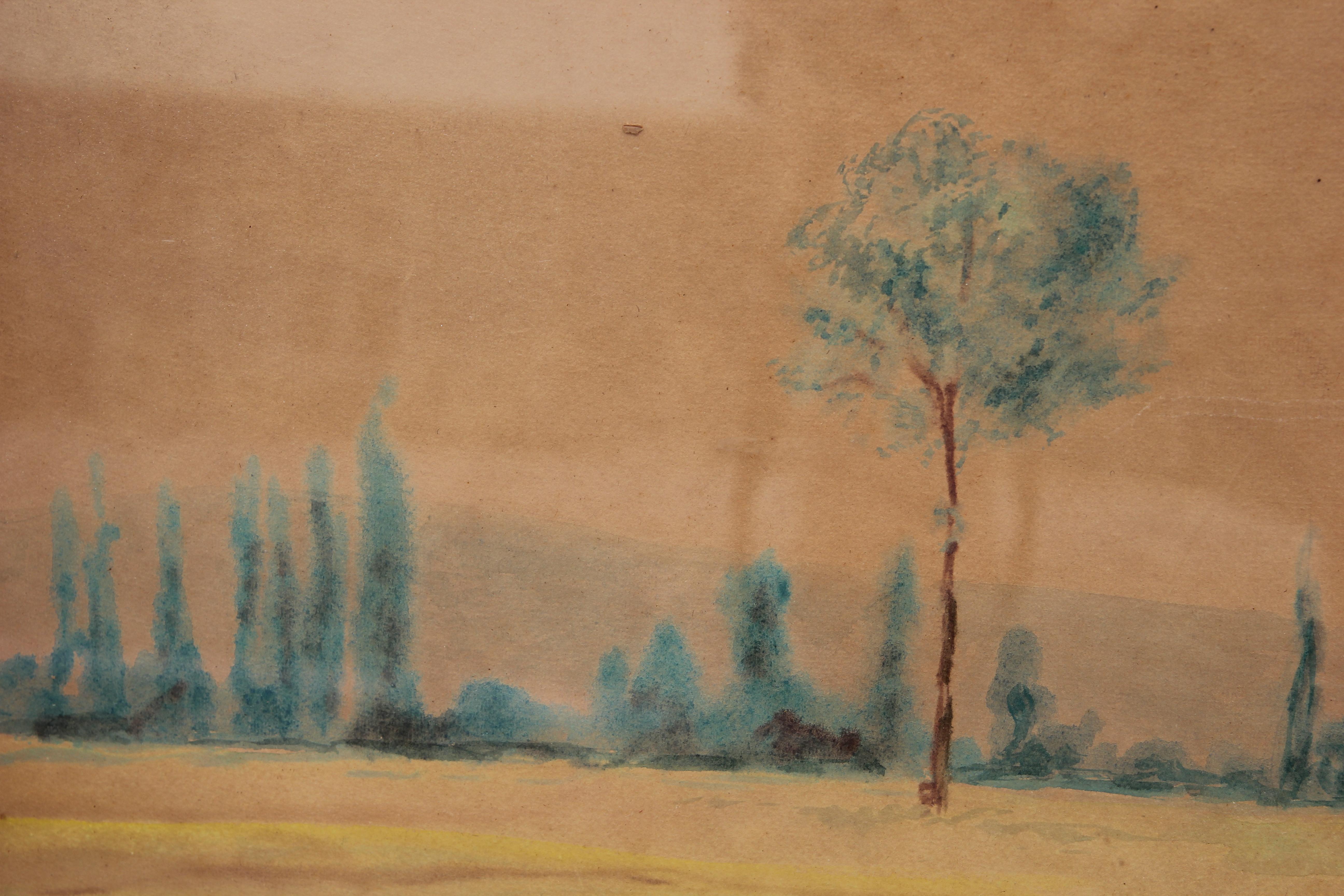 Paysage impressionniste à l'aquarelle, début de la période moderne, avec arbres - Naturalisme Painting par Unknown