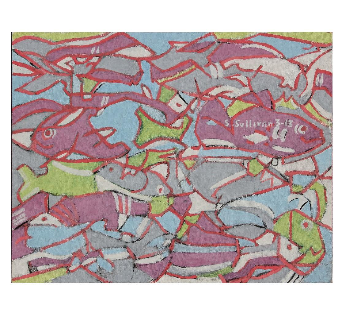 Buntes Kasein-Gemälde „Fisch“ aus Glas  – Painting von Stella Sullivan