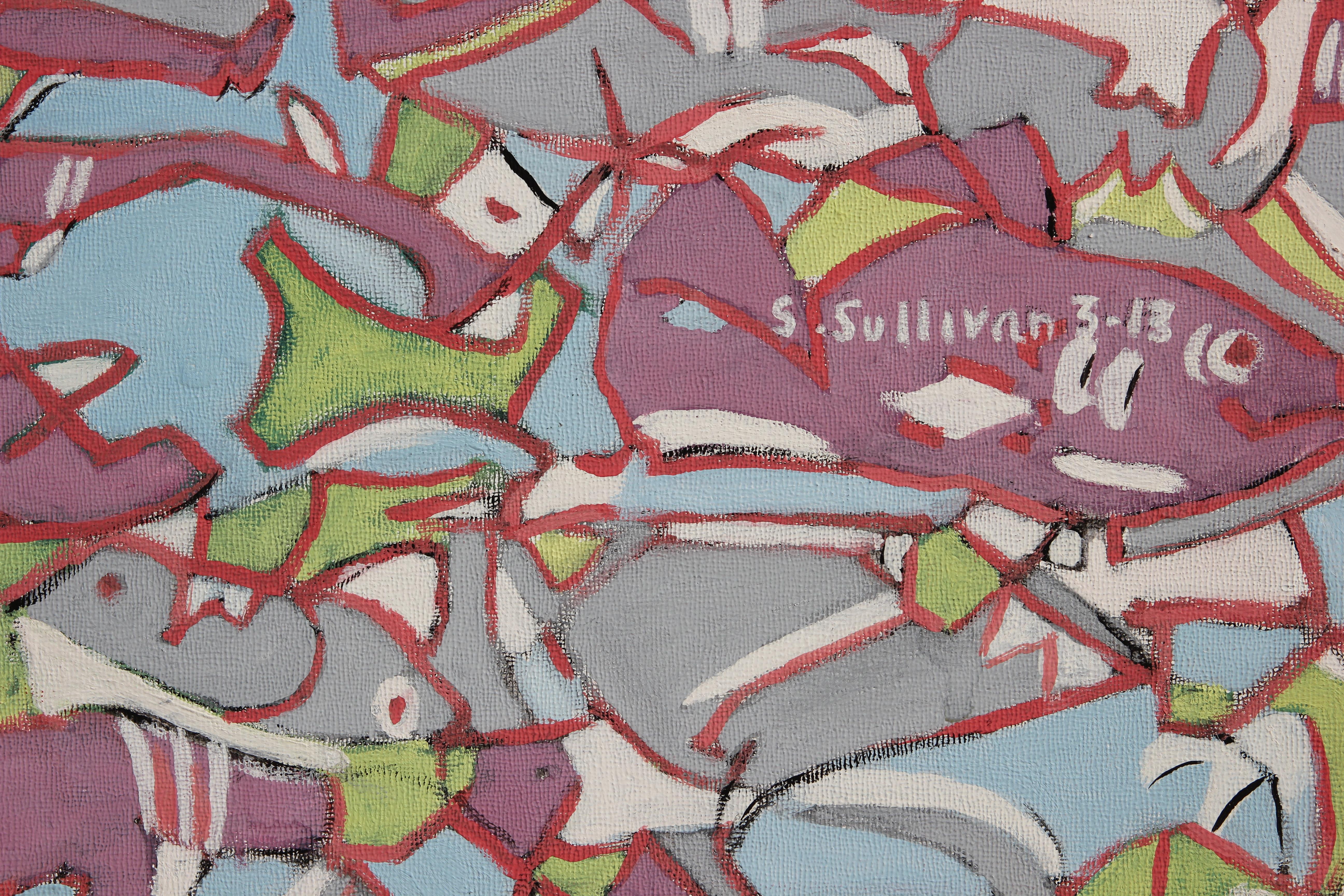 Buntes Kasein-Gemälde „Fisch“ aus Glas  (Zeitgenössisch), Painting, von Stella Sullivan