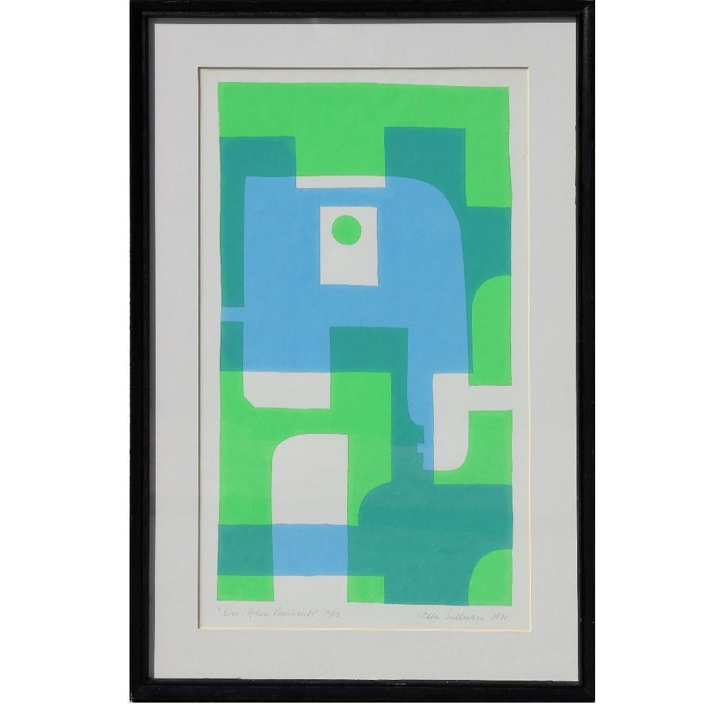Stella Sullivan Abstract Print - "Blue- Green Remnants" Geometric Pop Art Style Serigraph Edition 9 of 13