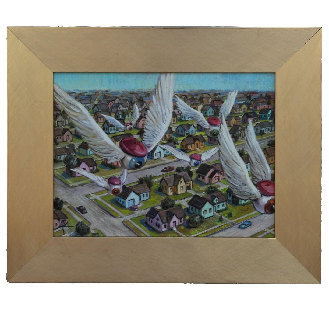 Henry David Potwin Landscape Painting – "Guardian Angles" Contemporary Surrealist Aerial View
