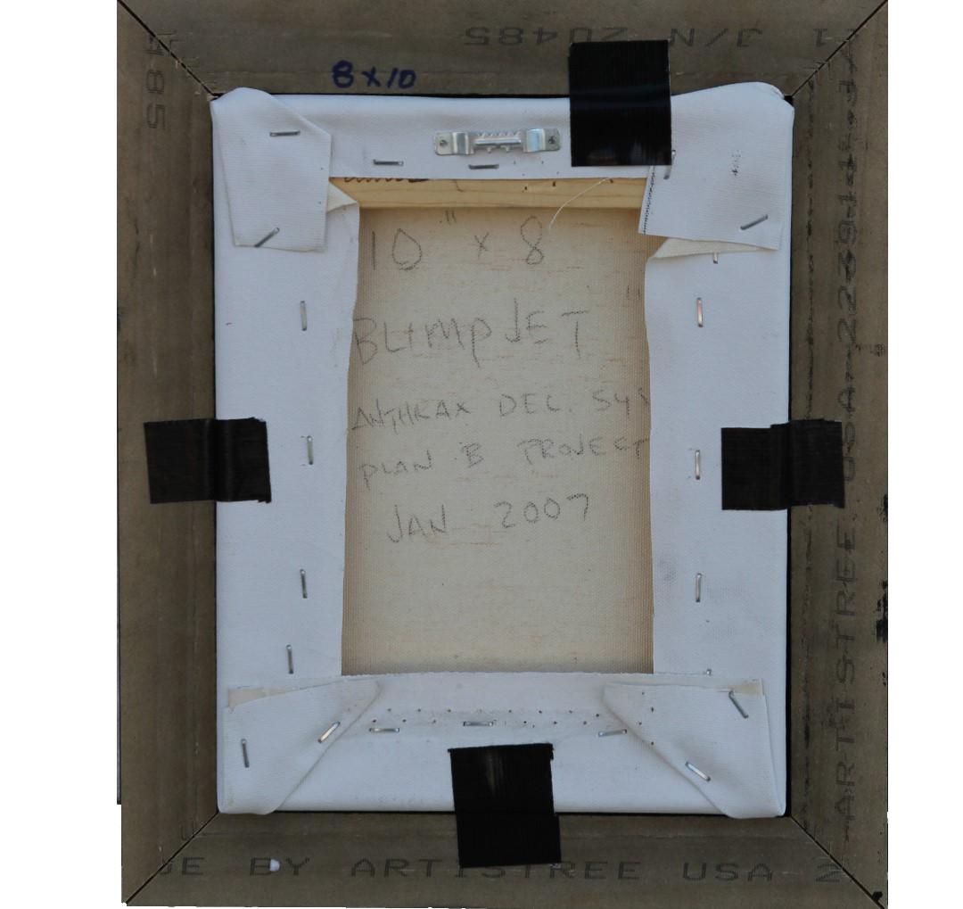 Quadro astratto contemporaneo di un dirigibile con vari testi a sfondo sociale. L'opera è firmata, intitolata e datata dall'artista. È incorniciato in una cornice di legno scuro.
Dimensioni senza cornice: H. H. 10