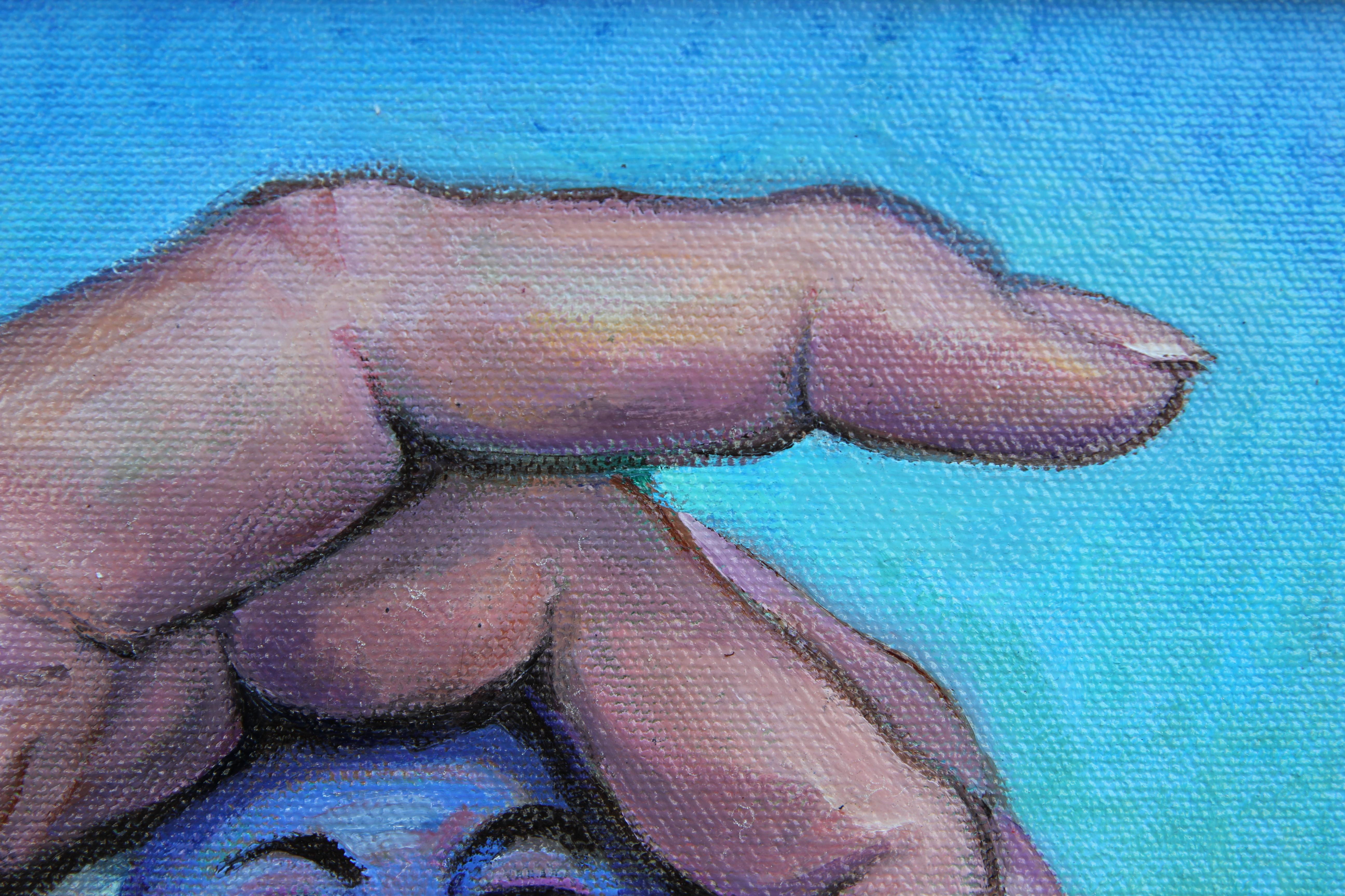 Quadro surrealista contemporaneo di una mano che forma un cerchio con le dita. All'interno del cerchio c'è un oggetto rotondo con un volto. La tela è firmata, intitolata e datata dall'artista. È incorniciato in una cornice di legno.
Dimensioni senza