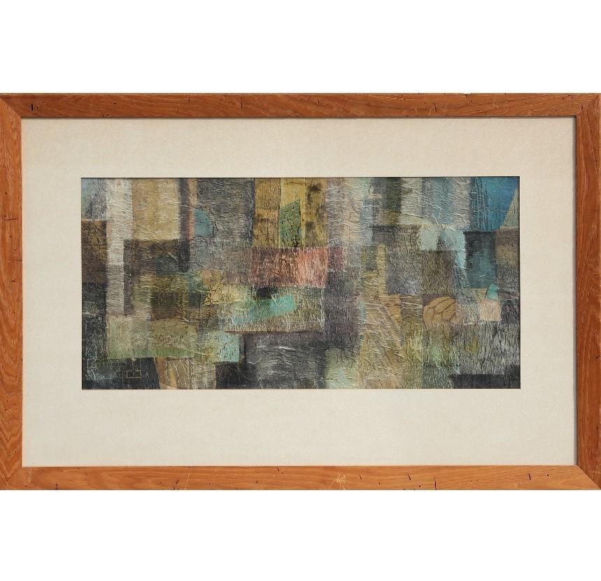 Large neutral tonal cubist landscape mixed media painting. There are hints of yellow and blues within the composition. The work is framed in a light wooden frame with a tan colored matte.
Dimensions without Frame: H 16 in x W 31 in.

Artist