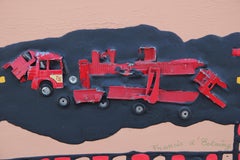 Red Tonal Mixed Media Abstract with Toy Cars