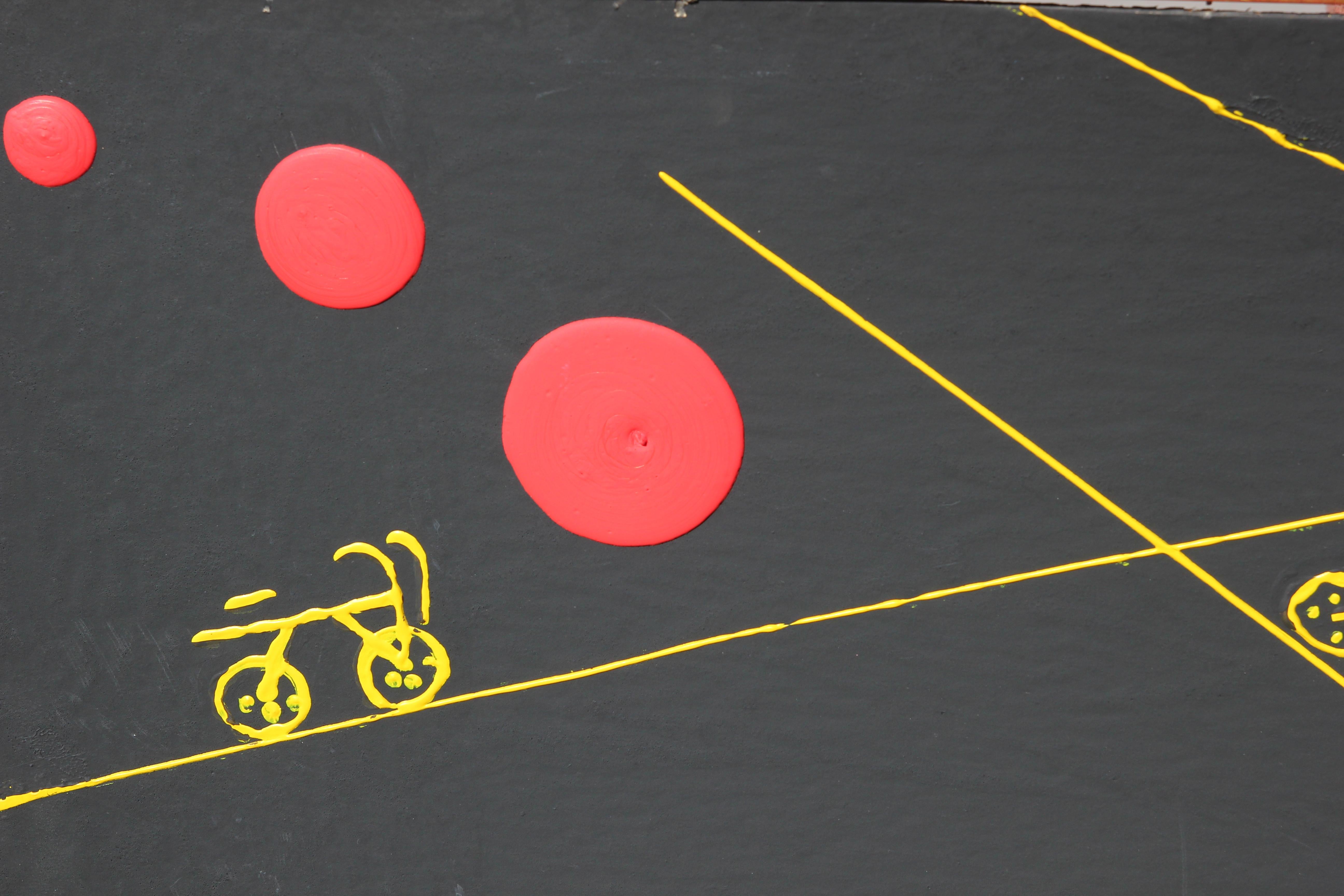 Grande peinture abstraite minimaliste noire et jaune avec des bicyclettes - Moderne Mixed Media Art par Francis d'Estaing