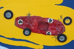 Blue Mixed Media Painting with Race Cars