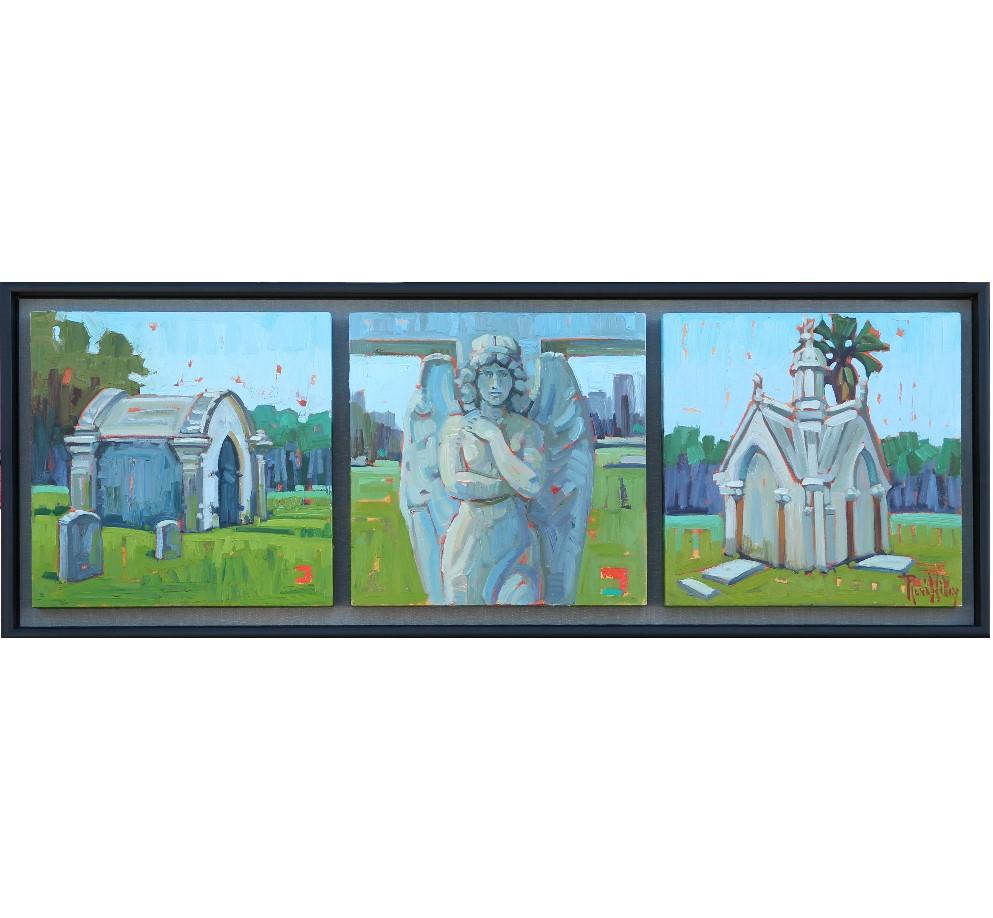 Rene Wiley Abstract Painting - "Old Galveston Charm" Contemporary Triptych Painting