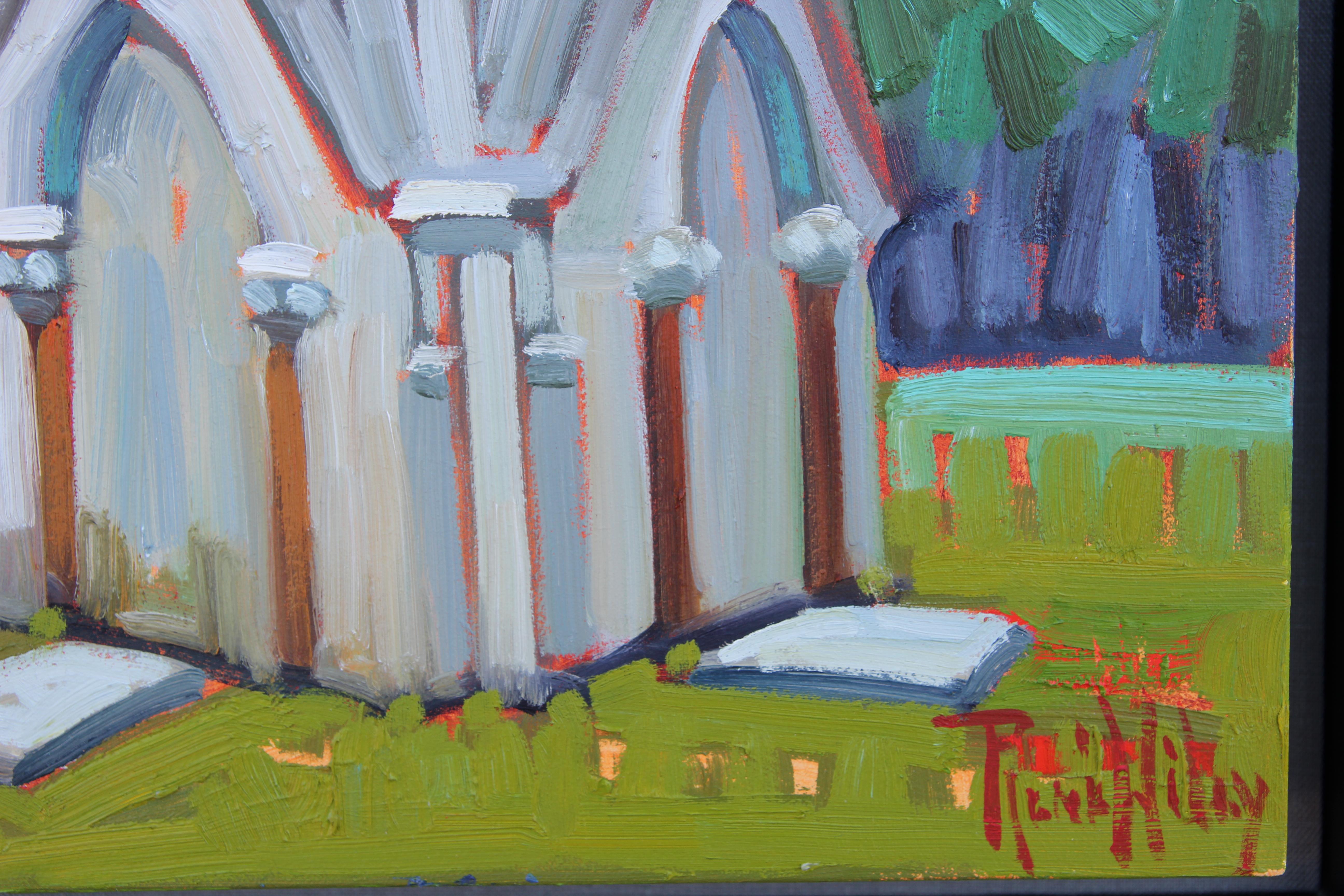 Idealized scene of Galveston's gravestones that are influenced by old European catholic graves. The painting is a triptych and is all framed in a black floating frame. The work is signed by the artist in the bottom right corner.
Dimensions without