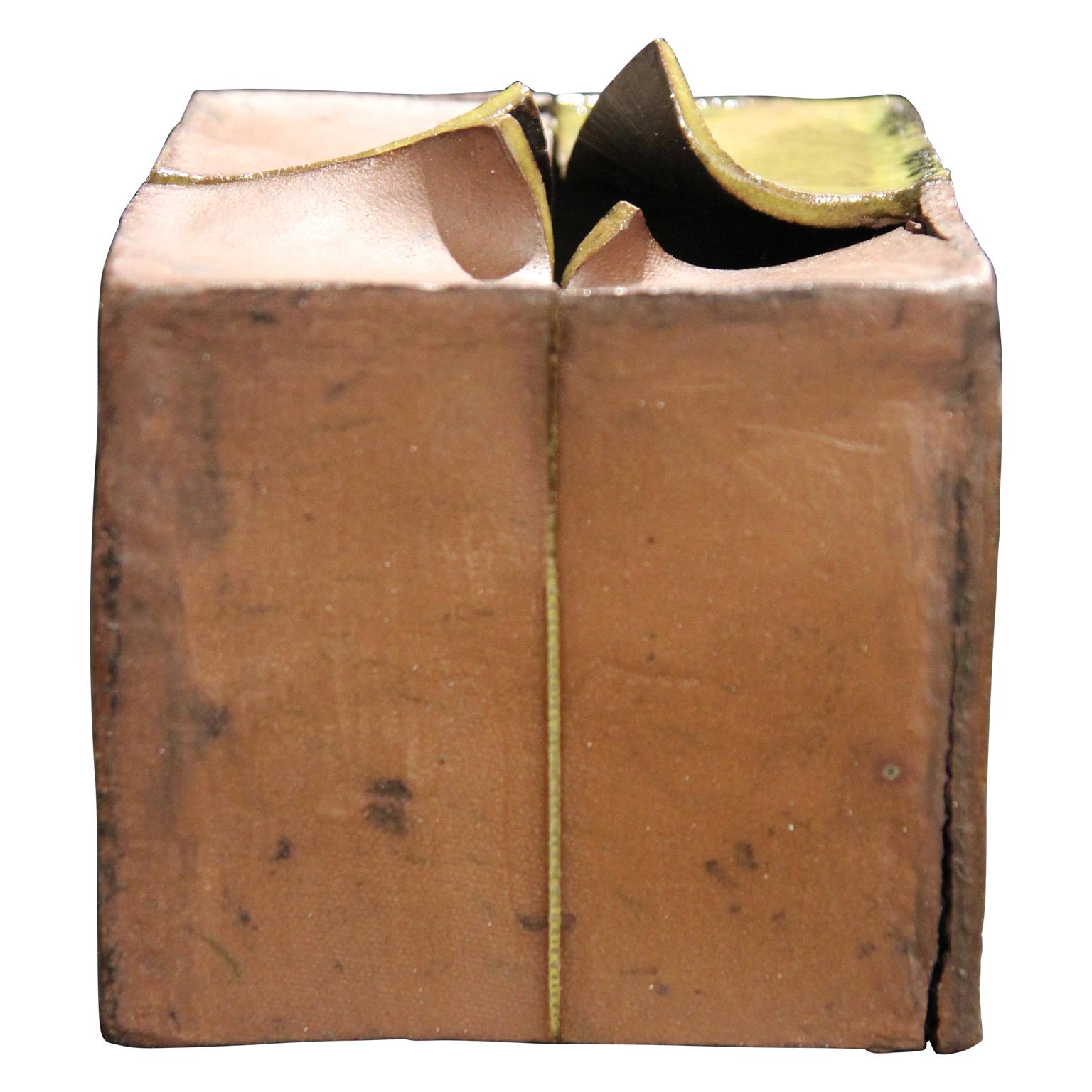 Minimal Distressed Ceramic Contemporary Box Sculpture - Brown Abstract Sculpture by Josefina Barassi