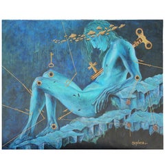 "Angel and Asteroids" Surrealist Blue Tonal Figurative Painting
