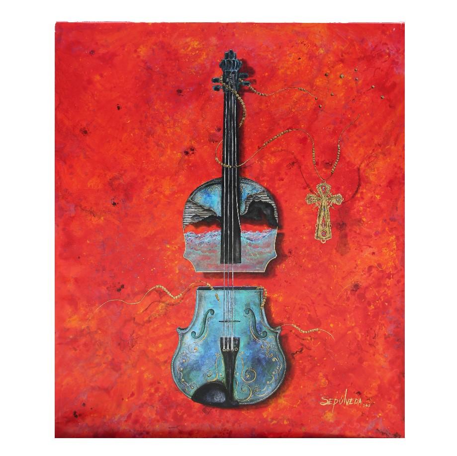 Benjamin Sepulveda Still-Life Painting - "The Violin" Still Life Red Tonal Surrealist Painting