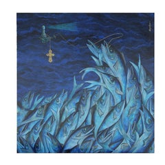 "Tsunami" Surrealist Blue Tonal Ocean Painting