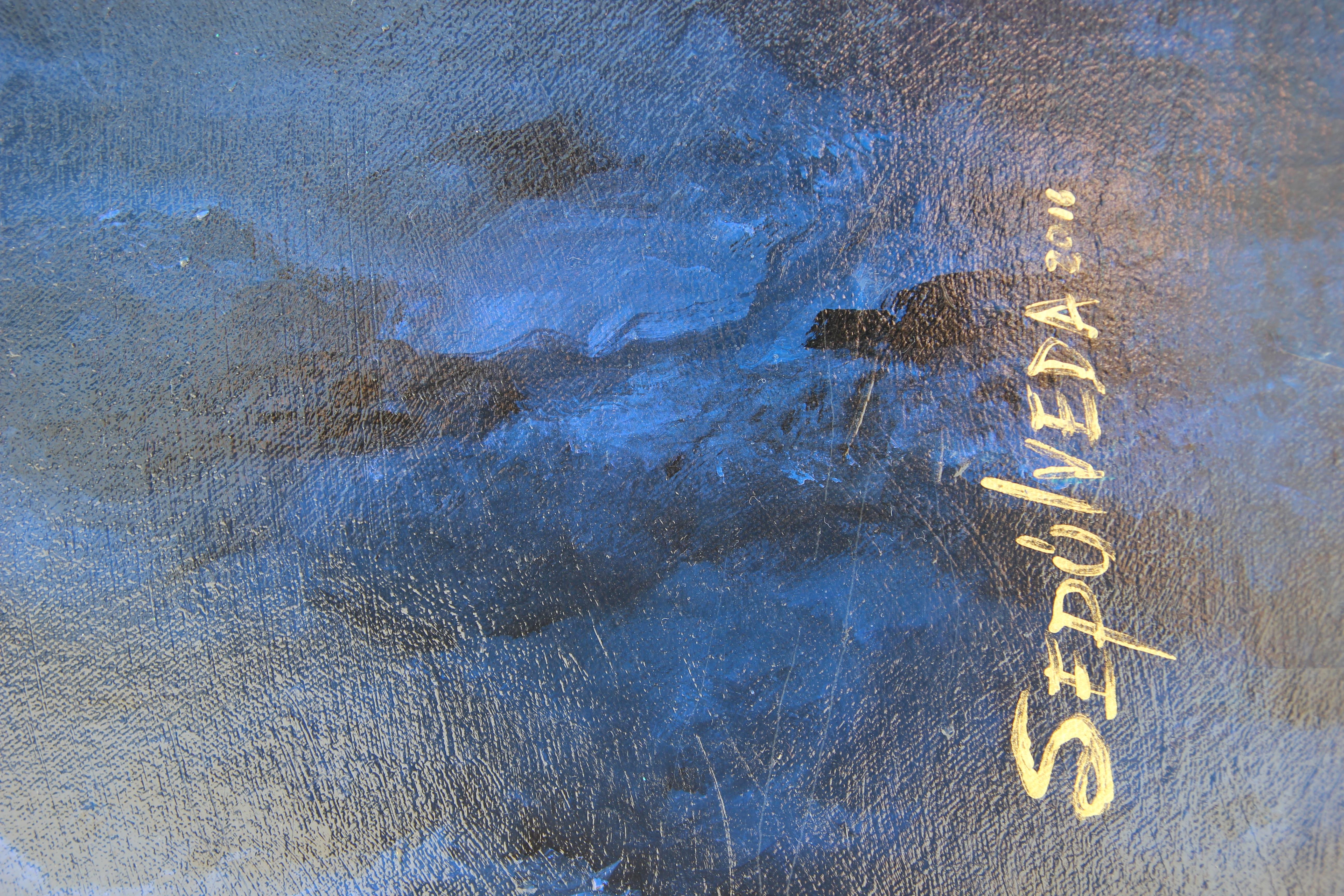 Blue tonal surrealist painting of fish scurrying for the hook. The piece is signed, titled and dated by the artist. The canvas is not framed.

Artist Biography: Benjamin Sepulveda employs painting, culture, and movement to process and expresses the