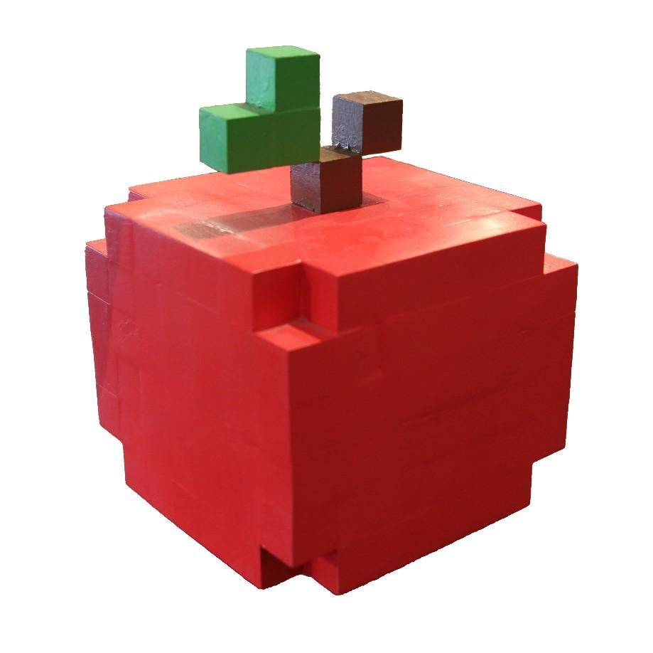 Cubed constructed wooden apple sculpture. The piece is stamped by the artist on the bottom. The apple is created by Jenaro Goode who works and lives in Austin, Texas.
