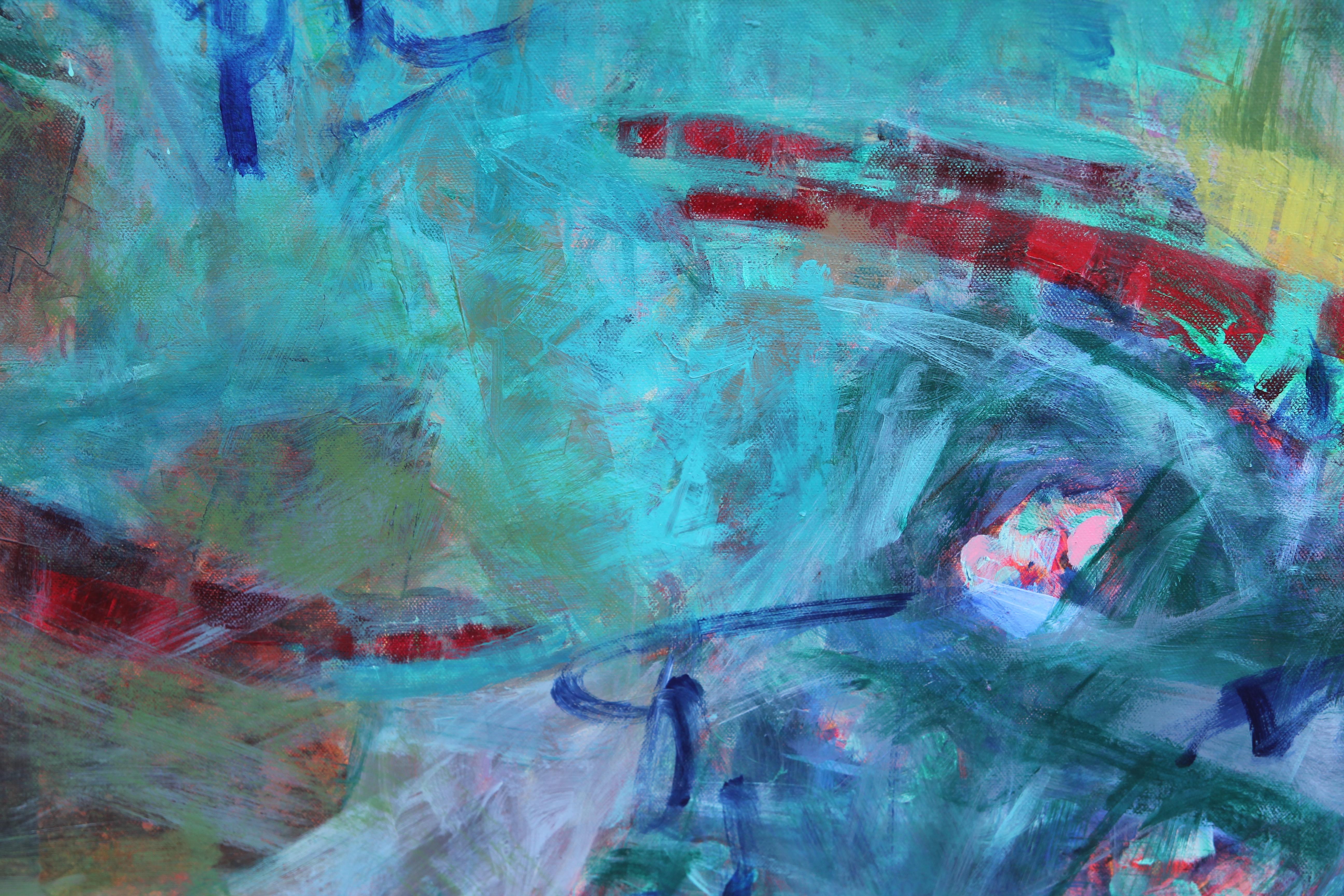 Blue tonal abstract diptych painting with gestural painterly reds, deep blues, and yellows within the blue composition. The canvas is signed by the artist on the back of the work. Susan Simpson works and lives in Houston, Texas. The canvases are not
