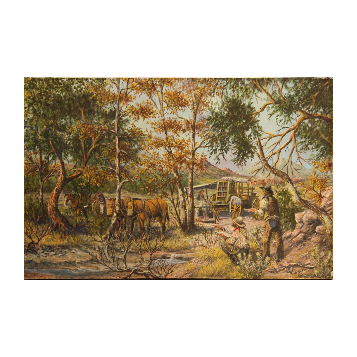 Bud Breen Landscape Painting - "Plans for the Trail" Romanticized Naturalistic Western Landscape