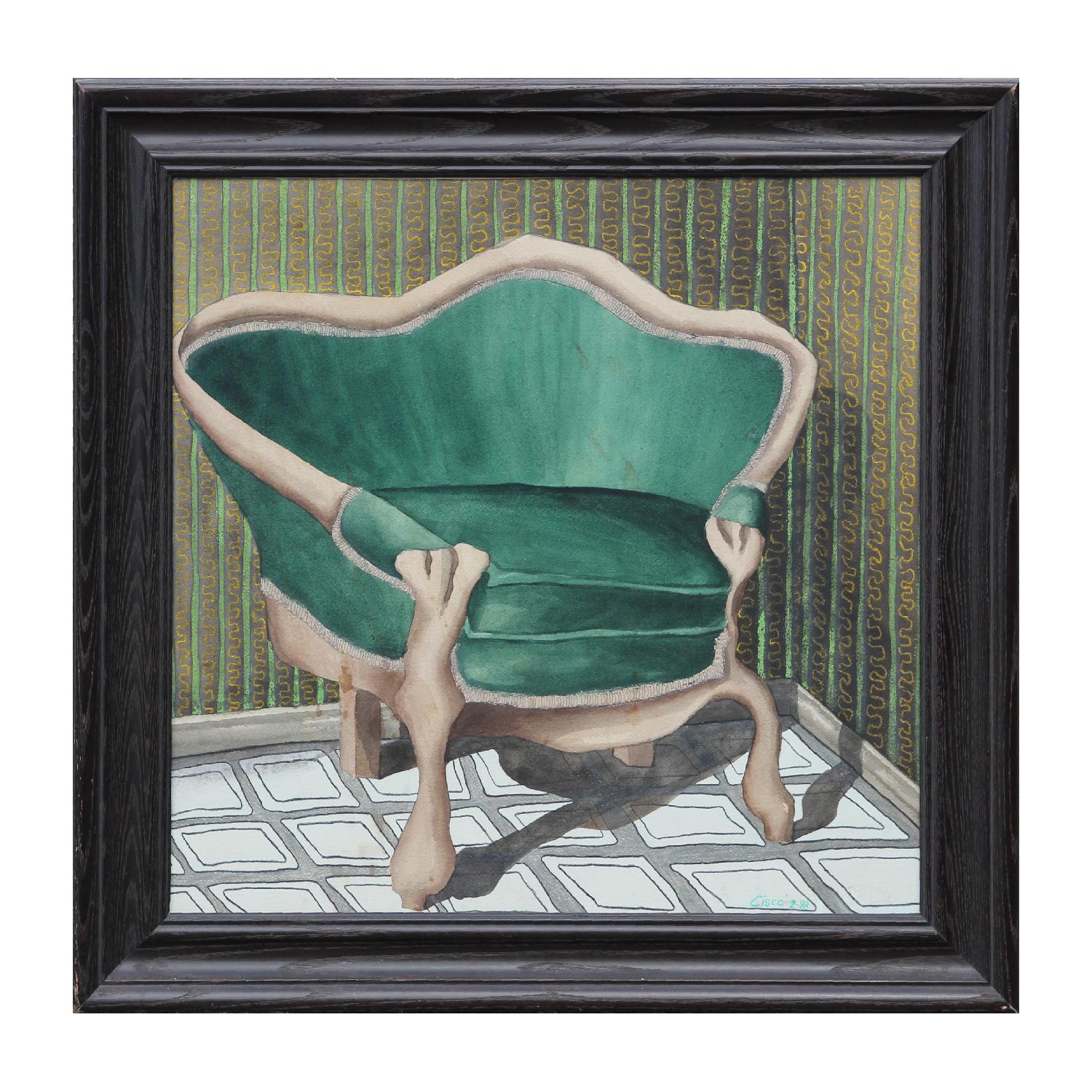 Unknown Still-Life - Naturalistic Watercolor Still Life of a Green Chair 