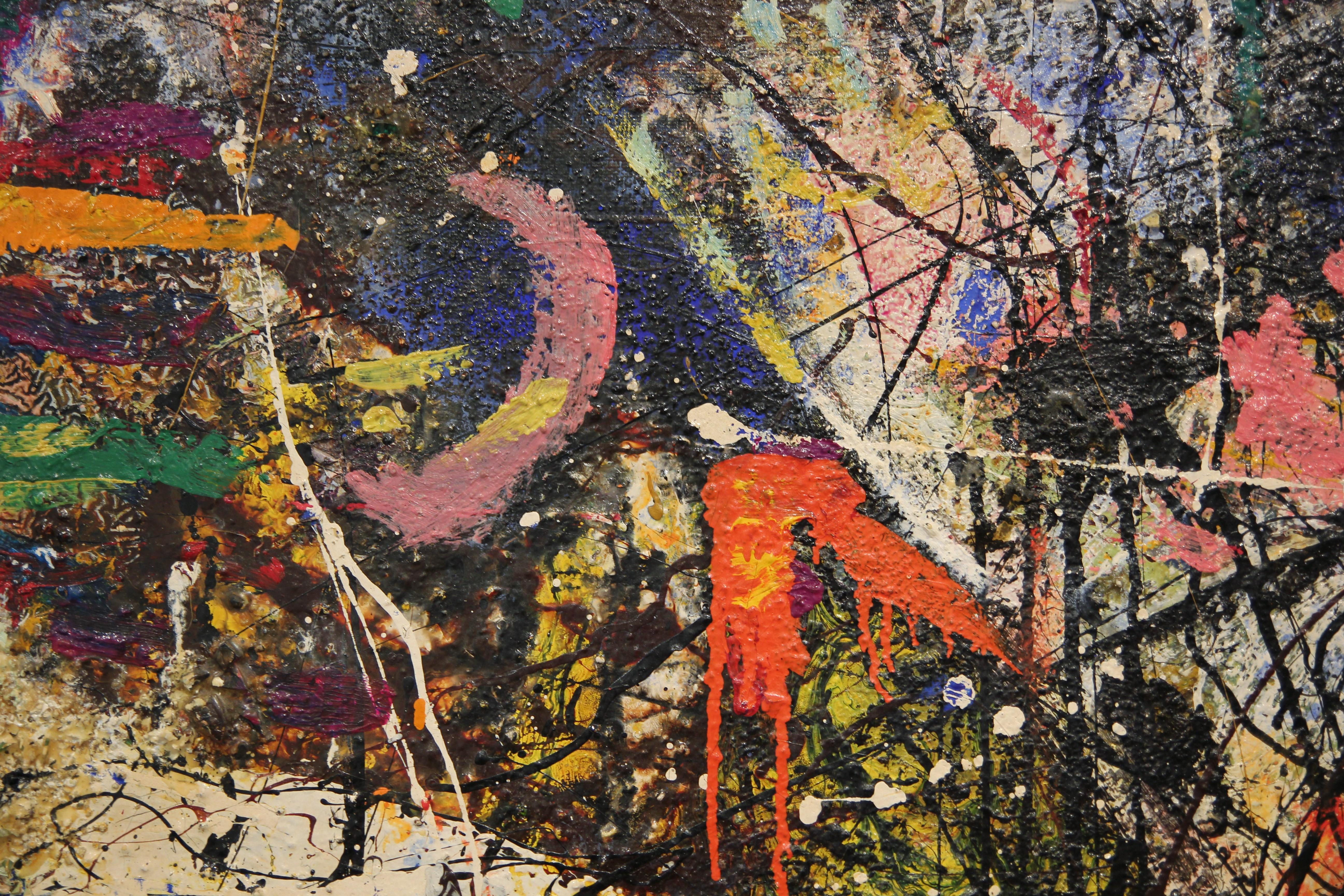 Early abstract expressionist painting by Texas artist Ben Culwell. The work layered with paint creating a textured surface. The piece is signed in two places so it could be hung two different ways. It is framed in a wooden frame with a gold