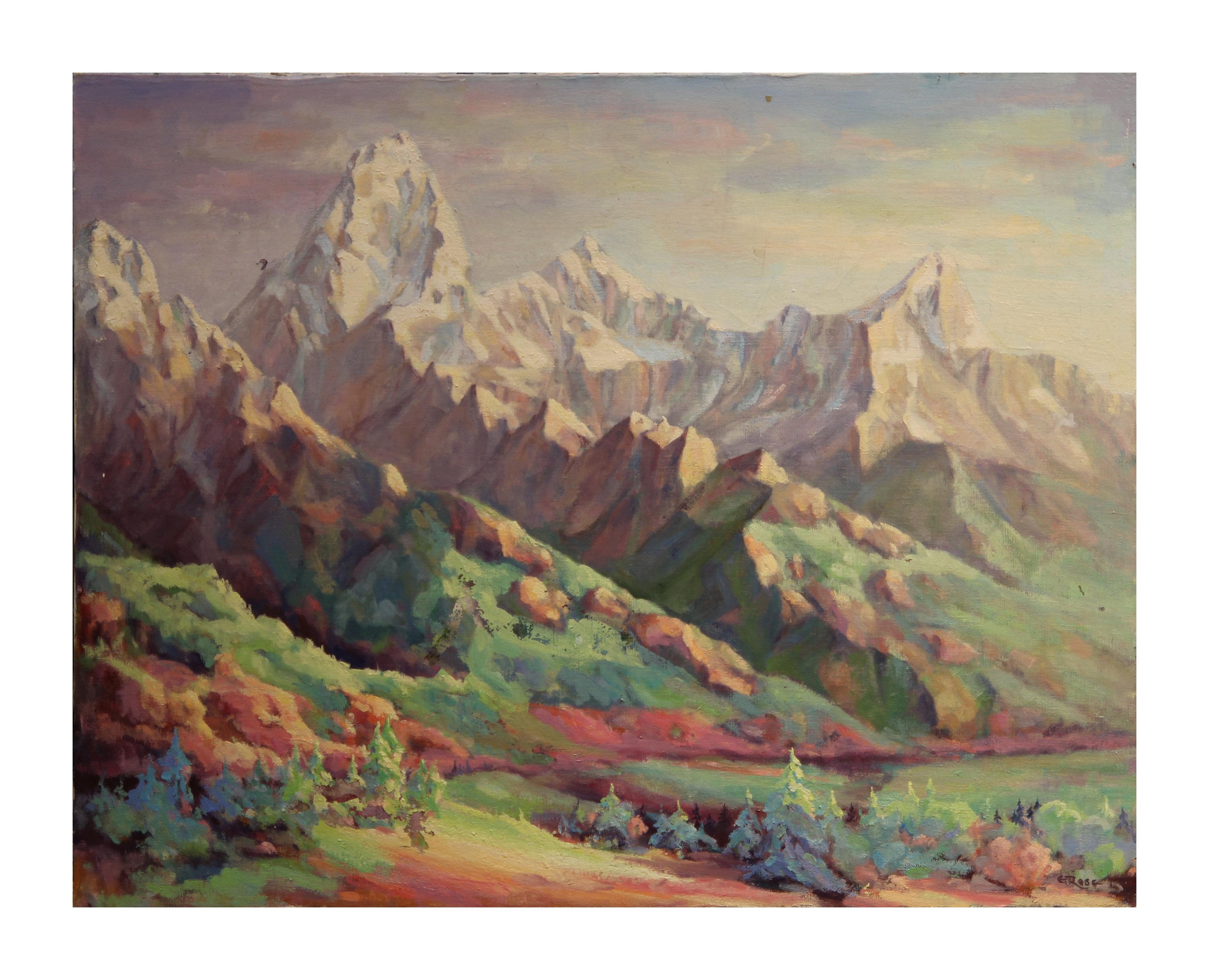 Elsa Rose Abstract Painting - "Early Morning in the Tetons" Pastoral Wyoming Landscape Painting