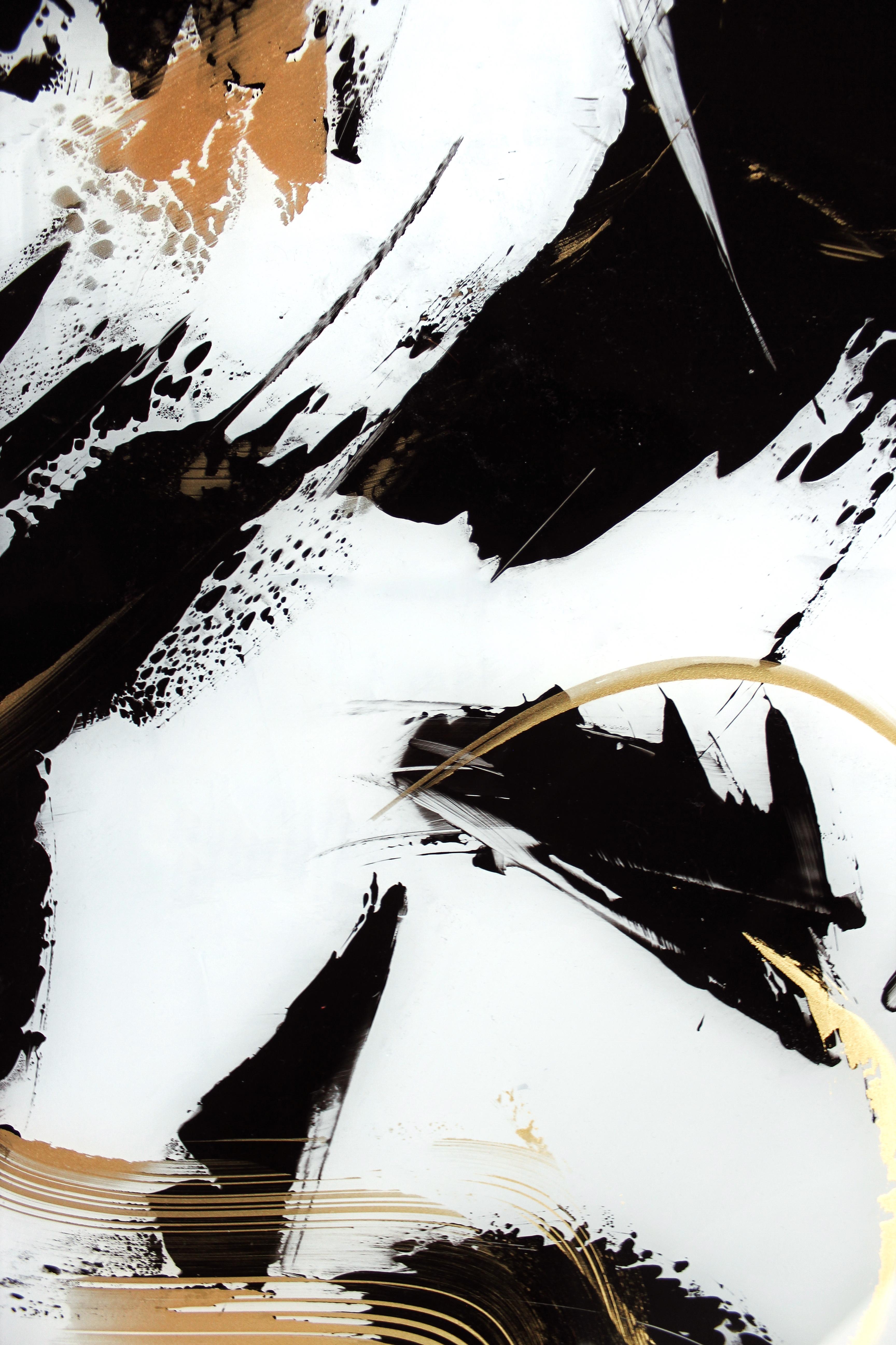 Black white and gold gestural abstract expressionist painting done by contemporary artist Alyson Ocoma. The work is done using acrylic paint and spray paint on acrylic pieces. The work is signed by the artist.

Artist Biography: 
Alyson Ocoma is a