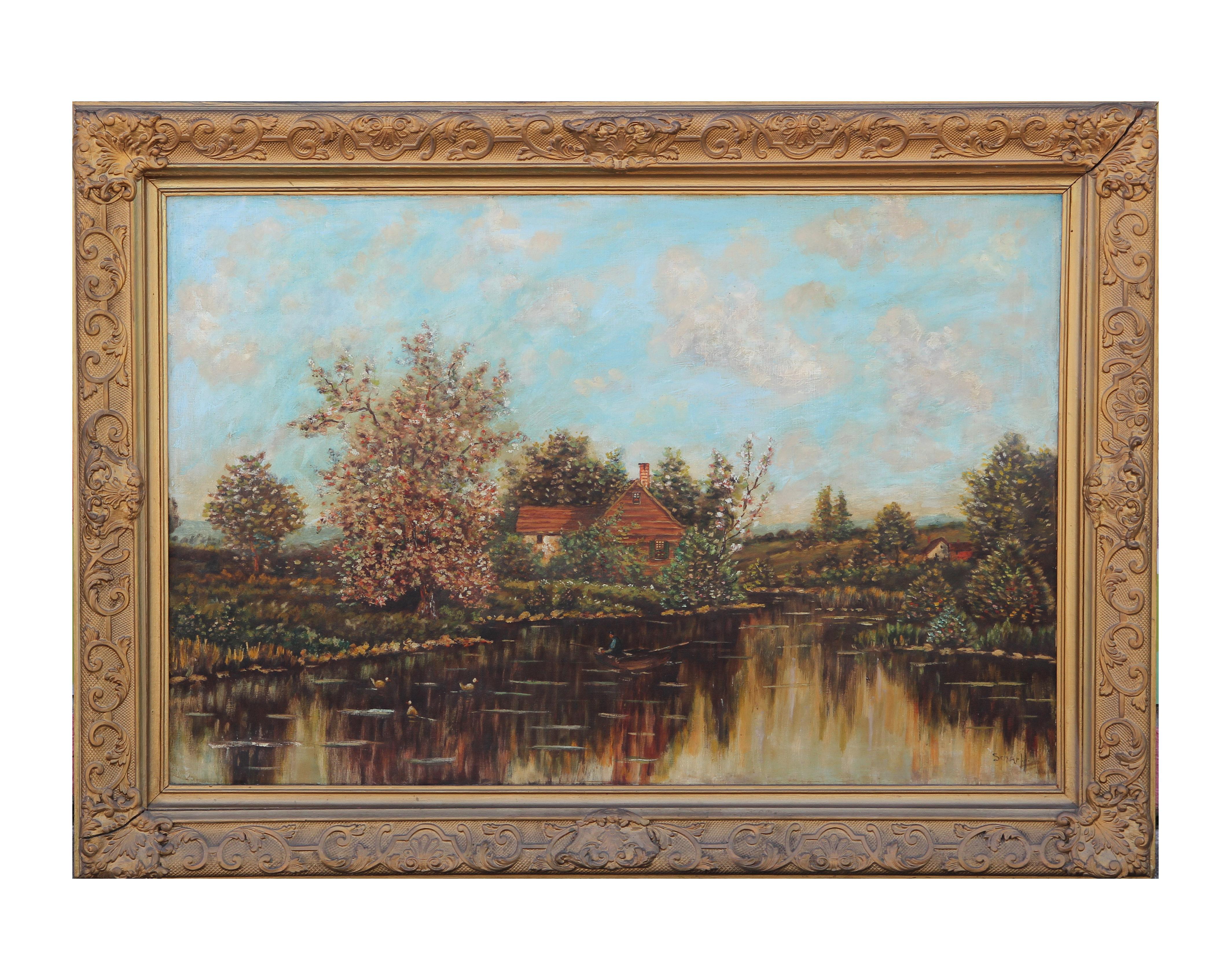 Idyllic pastoral landscape in a loose Impressionistic style of a house by a lake. Signed in the lower right corner. Hung in a beautiful gold frame. 
Dimensions without Frame: H 24.25 in x W 36.25 in x D 1 in. 

Artist Biography:
Erna S. Scharff was