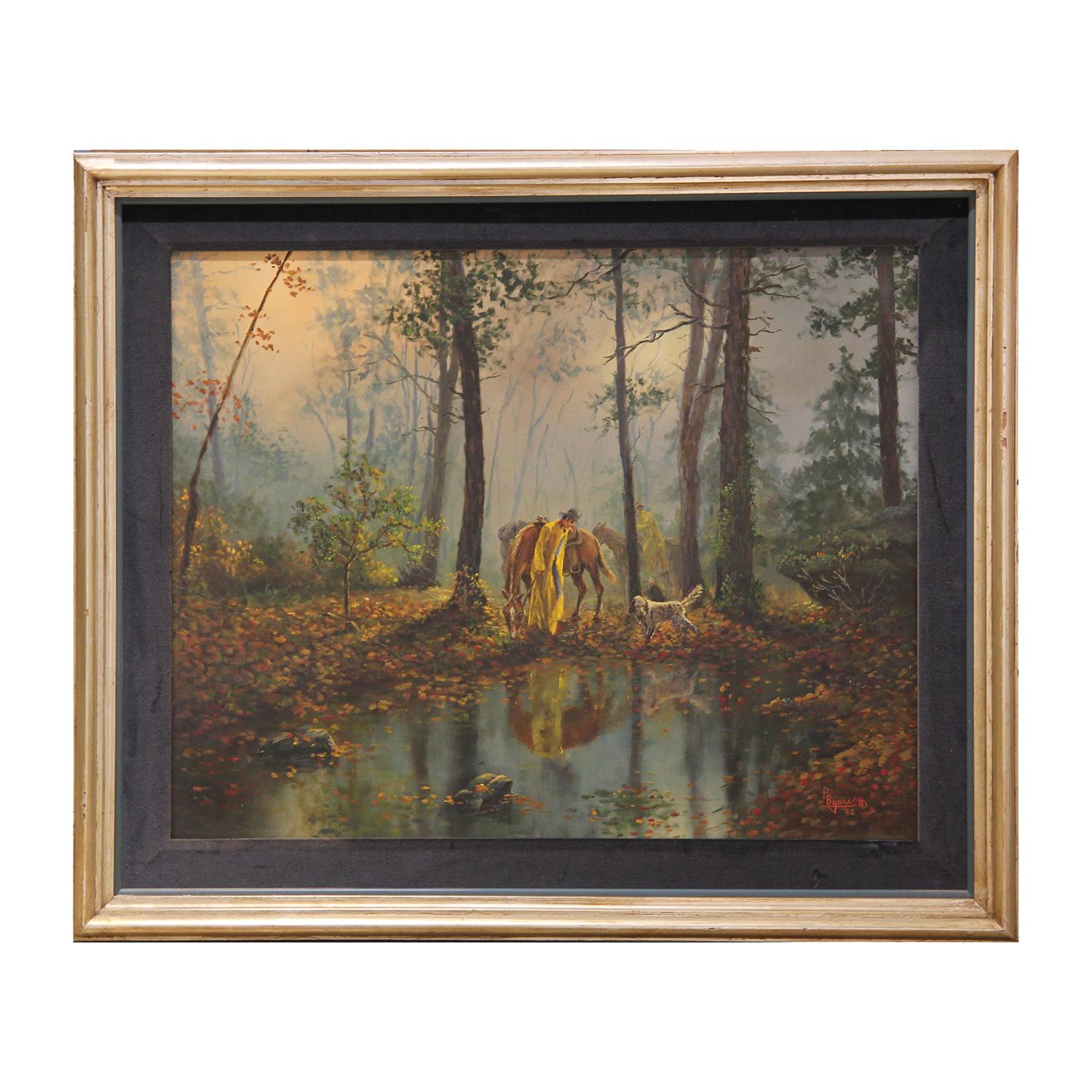 Peggy Byars Figurative Painting - Idealized Forest Hunting Scene
