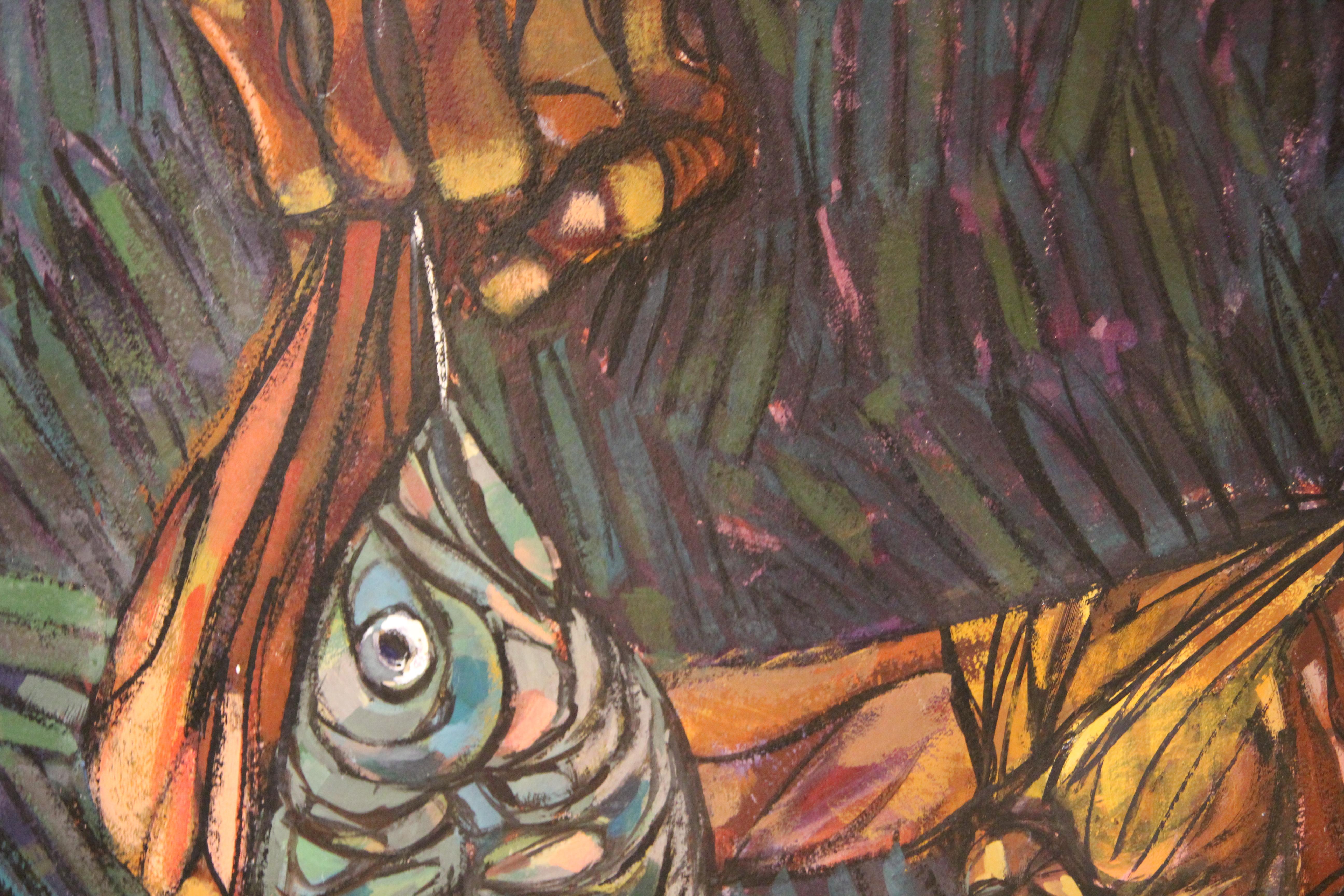 Modernes modernes abstraktes Porträt einer Frau mit Kind und Fisch – Painting von Lynwood Kreneck